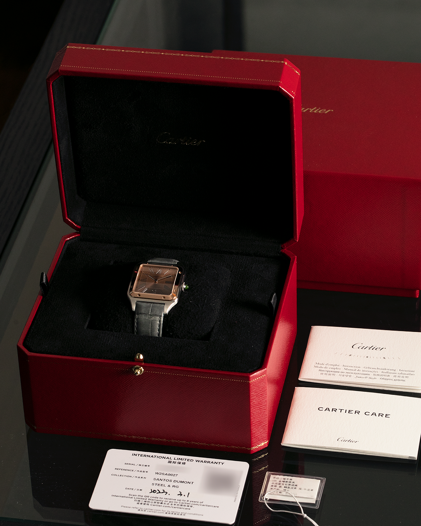 Brand: Cartier
Year: 2023
Model: Santos-Dumont ‘China’, Limited Edition of 300 pieces
Reference Number: W2SA0027
Material: Stainless Steel Case and 18-carat Rose Gold Bezel
Movement: Cartier Cal. 430 MC, Manual-Winding
Case Dimensions: 43.5mm (Including Lugs) x 31.4mm
Lug Width: 18mm
Strap: Cartier Anthracite Grey Alligator Leather Strap with Signed Stainless Steel Tang Buckle