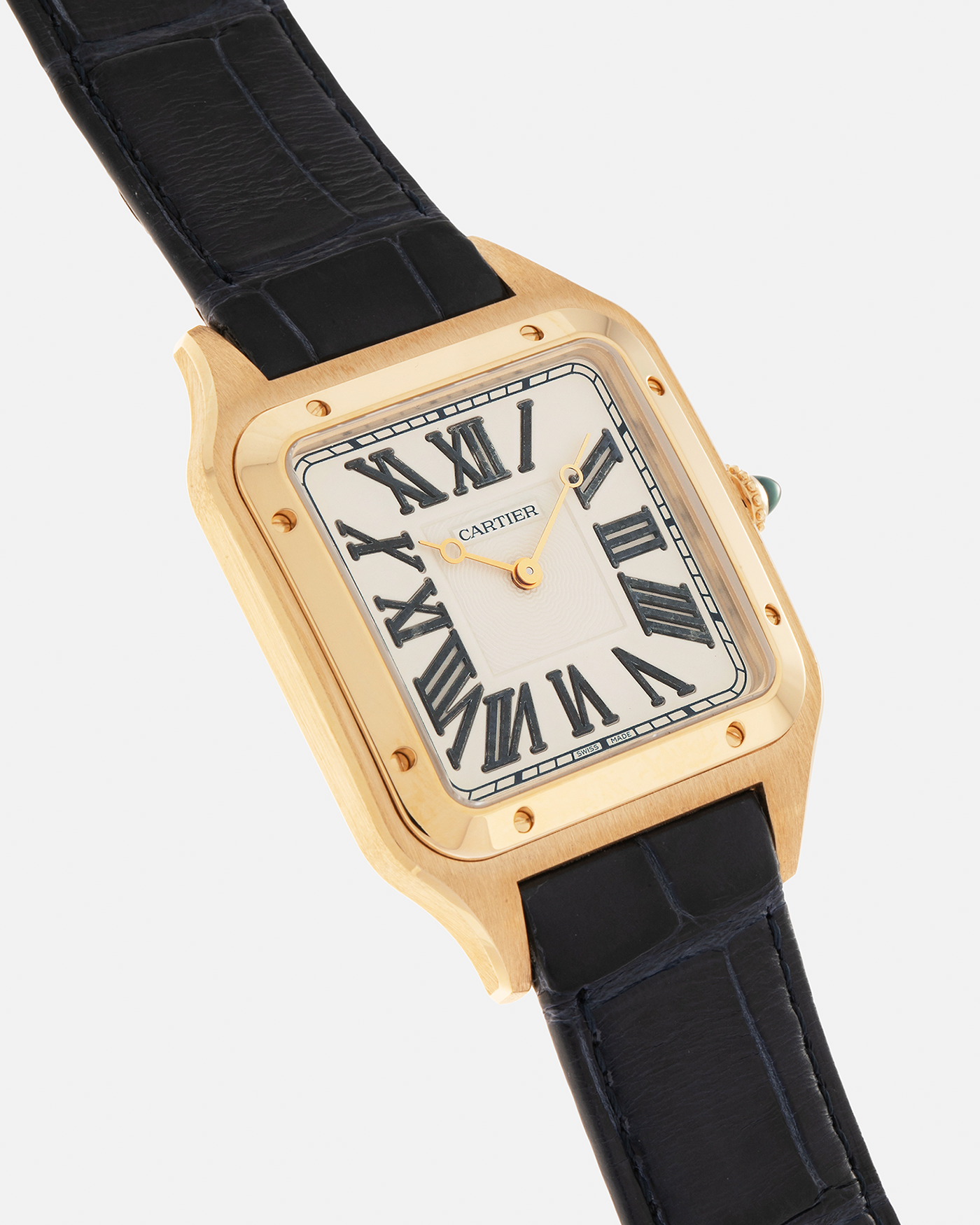 Brand: Cartier
Year: 2023
Model: Santos-Dumont ‘Dumortierite’, Limited Edition of 200 pieces in this Configuration
Reference Number: WGSA0084
Material: 18-carat Yellow Gold Case and Dumortierite Roman Numerals
Movement: Cartier Cal. 430 MC, Manual-Winding
Case Dimensions: 46.6mm (Including Lugs) x 33.9mm x 7.5mm
Lud Width: 18mm
Strap: Cartier Dark Navy Alligator Leather Strap with Signed 18-carat Yellow Gold Tang Buckle