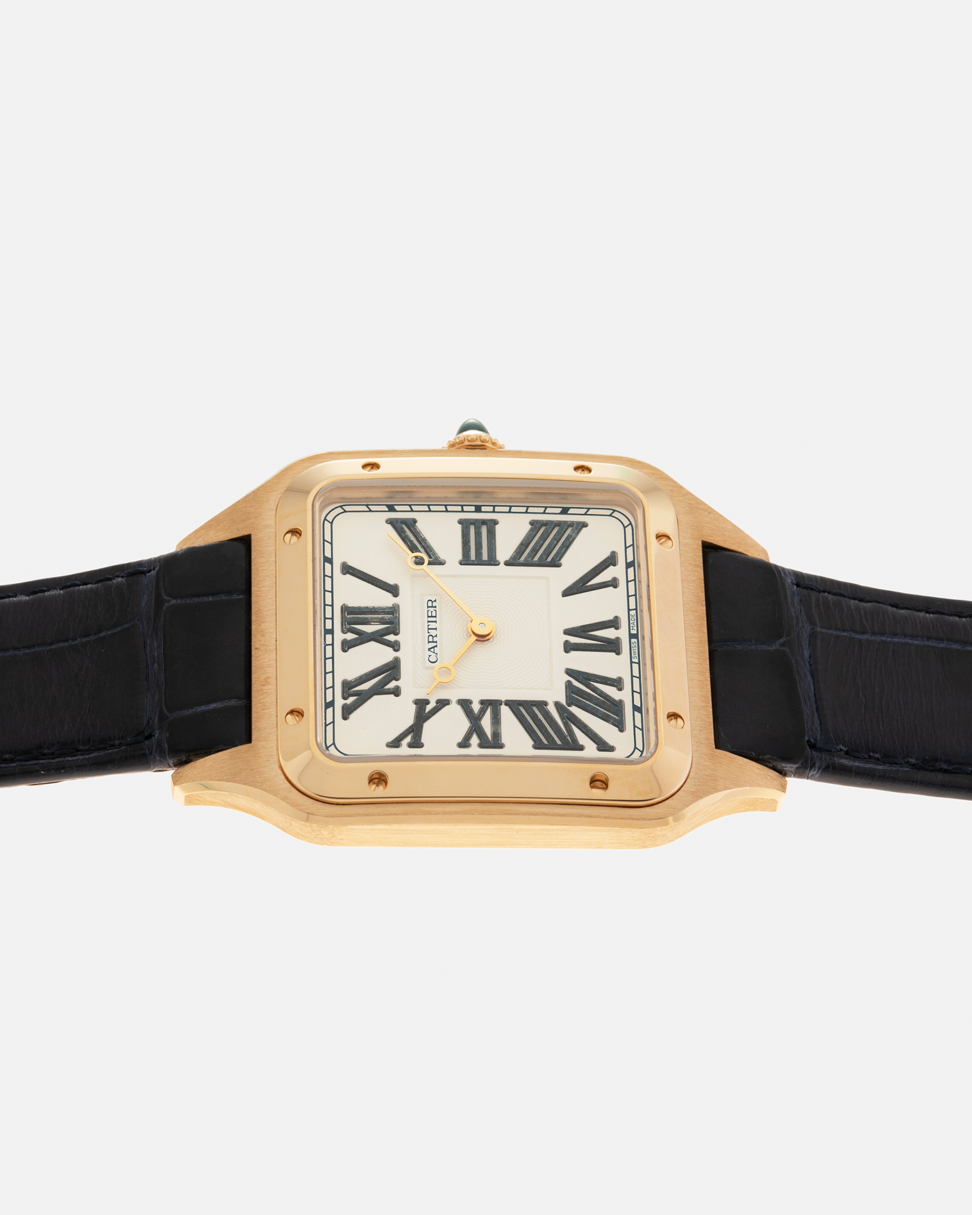Brand: Cartier
Year: 2023
Model: Santos-Dumont ‘Dumortierite’, Limited Edition of 200 pieces in this Configuration
Reference Number: WGSA0084
Material: 18-carat Yellow Gold Case and Dumortierite Roman Numerals
Movement: Cartier Cal. 430 MC, Manual-Winding
Case Dimensions: 46.6mm (Including Lugs) x 33.9mm x 7.5mm
Lud Width: 18mm
Strap: Cartier Dark Navy Alligator Leather Strap with Signed 18-carat Yellow Gold Tang Buckle