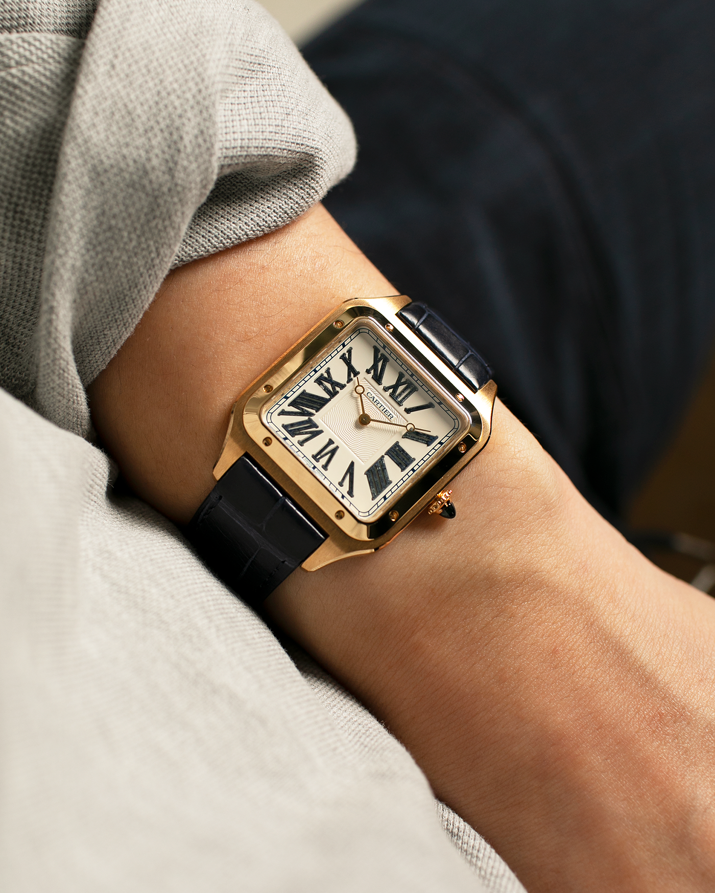 Brand: Cartier
Year: 2023
Model: Santos-Dumont ‘Dumortierite’, Limited Edition of 200 pieces in this Configuration
Reference Number: WGSA0084
Material: 18-carat Yellow Gold Case and Dumortierite Roman Numerals
Movement: Cartier Cal. 430 MC, Manual-Winding
Case Dimensions: 46.6mm (Including Lugs) x 33.9mm x 7.5mm
Lud Width: 18mm
Strap: Cartier Dark Navy Alligator Leather Strap with Signed 18-carat Yellow Gold Tang Buckle