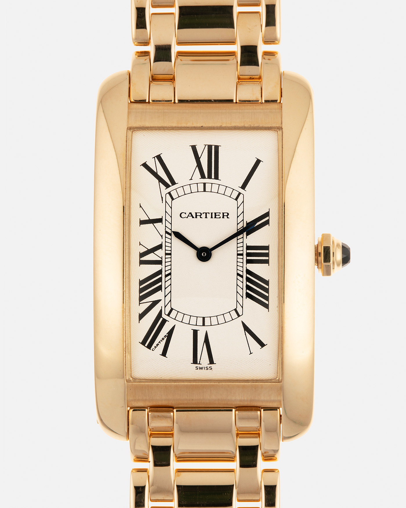 Brand: Cartier Year: 1990s Model: Tank Américaine Reference: 1735-1 Material: 18-carat Yellow Gold Movement: Cartier Cal. 430 MC (Piaget Cal. 430P based), Manual-Winding Case Dimensions: 44mm x 26mm x 7.5mm Lug Width: 18mm Bracelet: Cartier Bracelet in full 18-carat Yellow Gold with Signed Butterfly Clasp