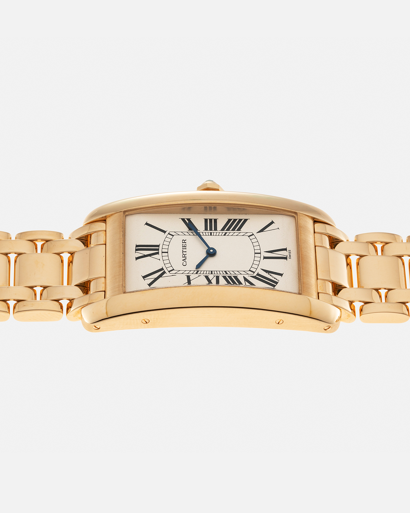 Brand: Cartier Year: 1990s Model: Tank Américaine Reference: 1735-1 Material: 18-carat Yellow Gold Movement: Cartier Cal. 430 MC (Piaget Cal. 430P based), Manual-Winding Case Dimensions: 44mm x 26mm x 7.5mm Lug Width: 18mm Bracelet: Cartier Bracelet in full 18-carat Yellow Gold with Signed Butterfly Clasp