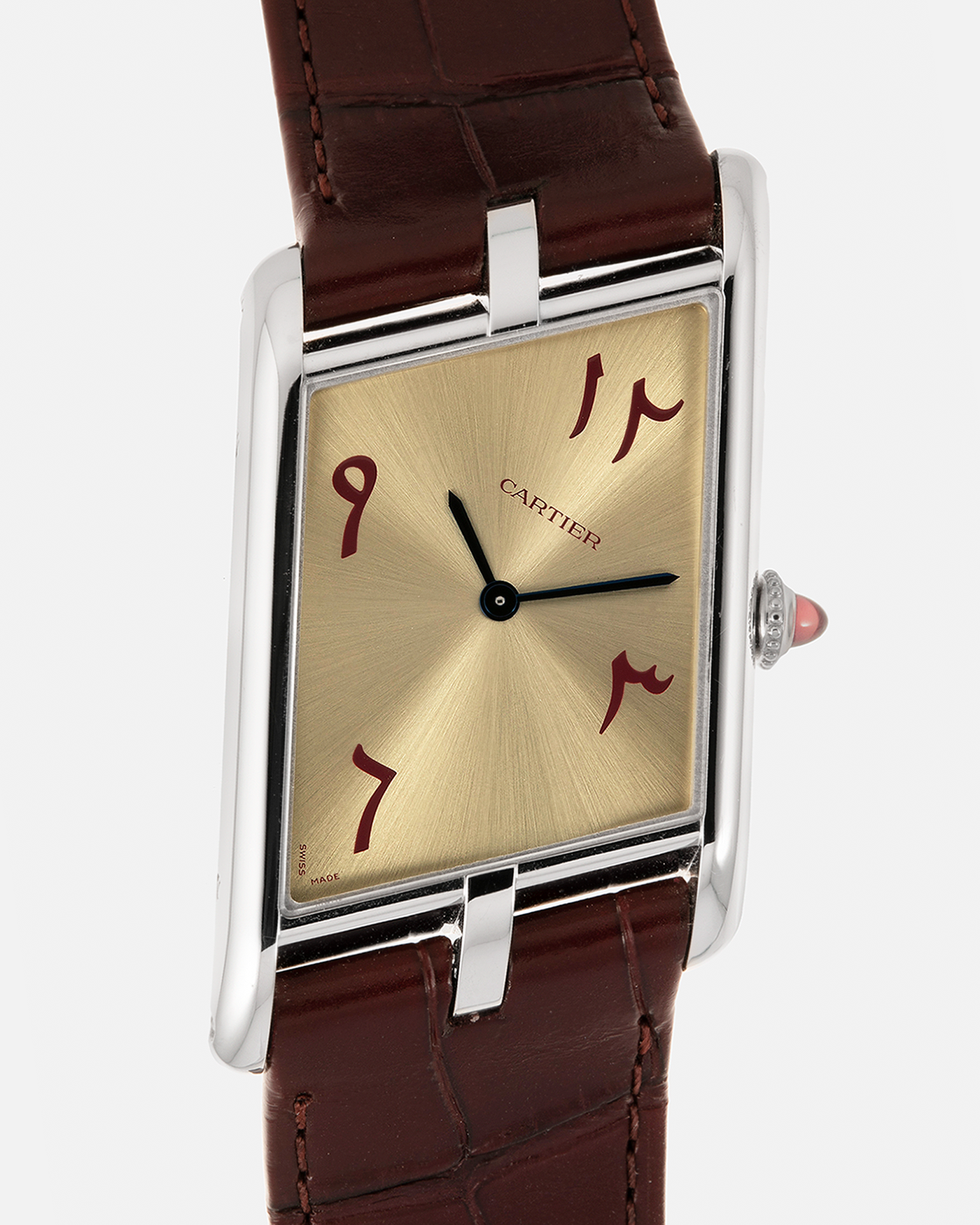 Brand: Cartier
Year: 2023
Model: Tank Asymétrique
Reference Number: WGTA0173, New Special Order
Case Material: Platinum 950
Movement: Cartier Cal. 1917MC, Manual-Winding
Case Dimensions: 47.15mm x 26.2mm x 6.38mm (44.5mm Lug-to-Lug)
Strap: Cartier Wine Red Alligator Leather Strap with Signed Platinum 950 Tang Buckle
