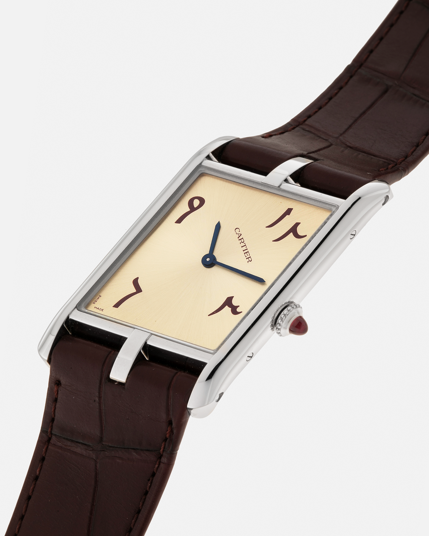 Brand: Cartier
Year: 2023
Model: Tank Asymétrique
Reference Number: WGTA0173, New Special Order
Case Material: Platinum 950
Movement: Cartier Cal. 1917MC, Manual-Winding
Case Dimensions: 47.15mm x 26.2mm x 6.38mm (44.5mm Lug-to-Lug)
Strap: Cartier Wine Red Alligator Leather Strap with Signed Platinum 950 Tang Buckle
