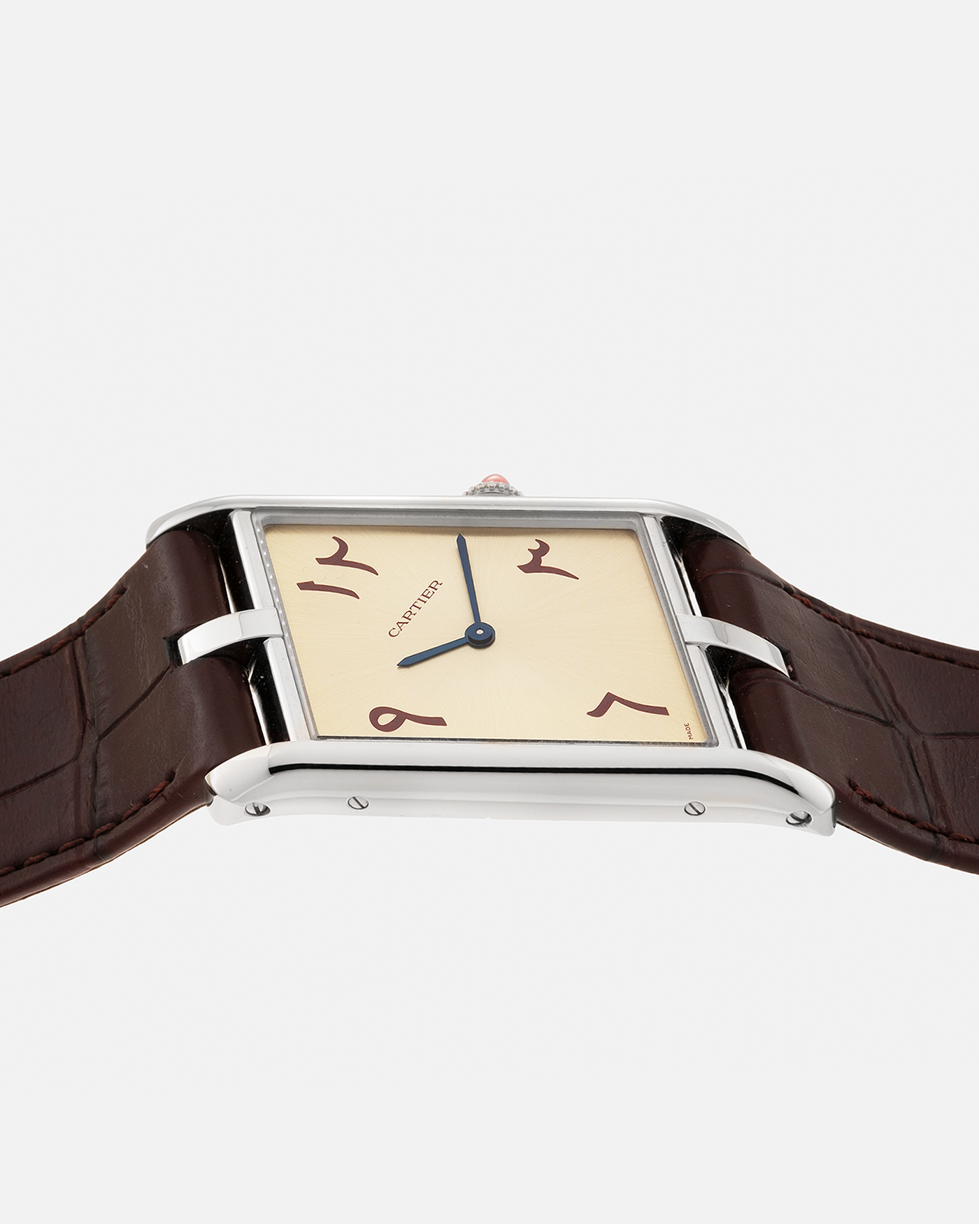 Brand: Cartier
Year: 2023
Model: Tank Asymétrique
Reference Number: WGTA0173, New Special Order
Case Material: Platinum 950
Movement: Cartier Cal. 1917MC, Manual-Winding
Case Dimensions: 47.15mm x 26.2mm x 6.38mm (44.5mm Lug-to-Lug)
Strap: Cartier Wine Red Alligator Leather Strap with Signed Platinum 950 Tang Buckle