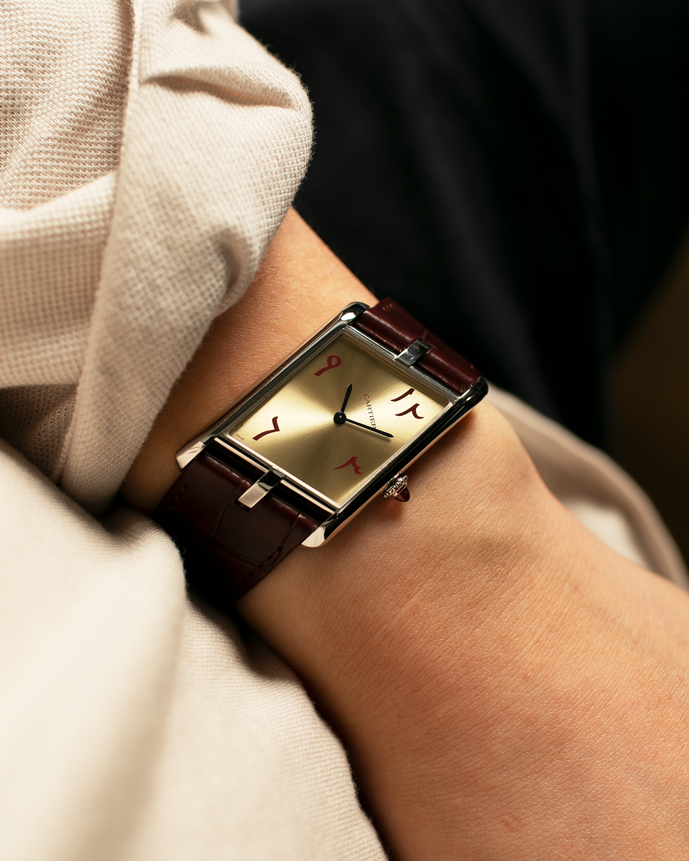 Brand: Cartier
Year: 2023
Model: Tank Asymétrique
Reference Number: WGTA0173, New Special Order
Case Material: Platinum 950
Movement: Cartier Cal. 1917MC, Manual-Winding
Case Dimensions: 47.15mm x 26.2mm x 6.38mm (44.5mm Lug-to-Lug)
Strap: Cartier Wine Red Alligator Leather Strap with Signed Platinum 950 Tang Buckle