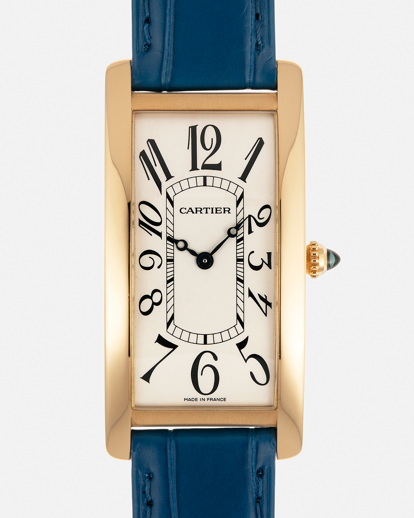 Brand: Cartier
Year: 2000s
Model: Collection Privée Cartier Paris Tank Cintrée, Limited to 150 pieces
Reference: 2718
Material: 18-carat Yellow Gold
Movement: Cartier Cal. 8780 MC (Based on JLC Cal. 849), Manual-Winding
Case Dimensions: 46mm (Including Lugs) x 23 mm x 6.4mm
Lug Width: 16mm
Strap: Cartier Cobalt Blue Alligator Leather Strap with Signed 18-carat Yellow Gold Deployant Clasp
