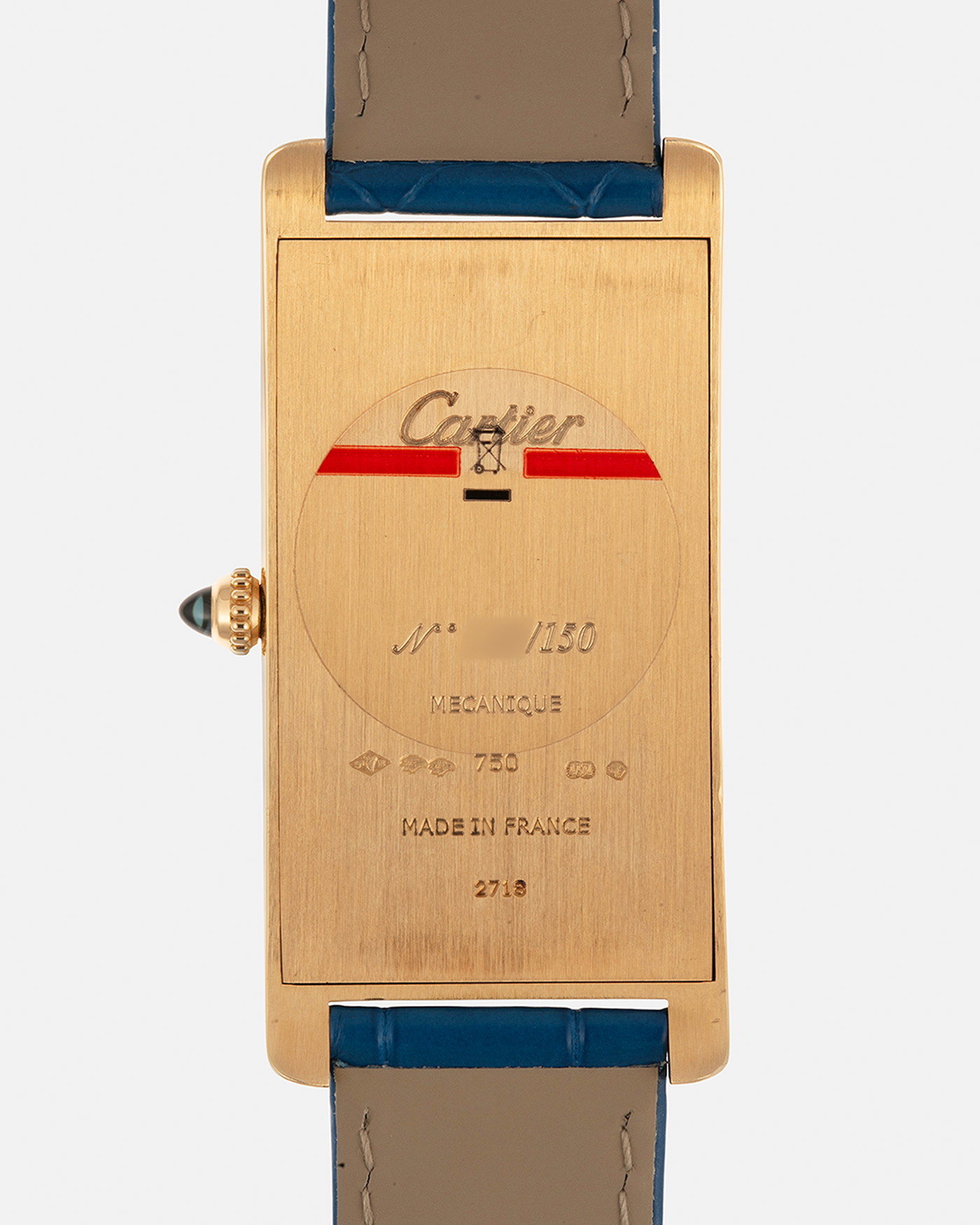 Brand: Cartier
Year: 2000s
Model: Collection Privée Cartier Paris Tank Cintrée, Limited to 150 pieces
Reference: 2718
Material: 18-carat Yellow Gold
Movement: Cartier Cal. 8780 MC (Based on JLC Cal. 849), Manual-Winding
Case Dimensions: 46mm (Including Lugs) x 23 mm x 6.4mm
Lug Width: 16mm
Strap: Cartier Cobalt Blue Alligator Leather Strap with Signed 18-carat Yellow Gold Deployant Clasp