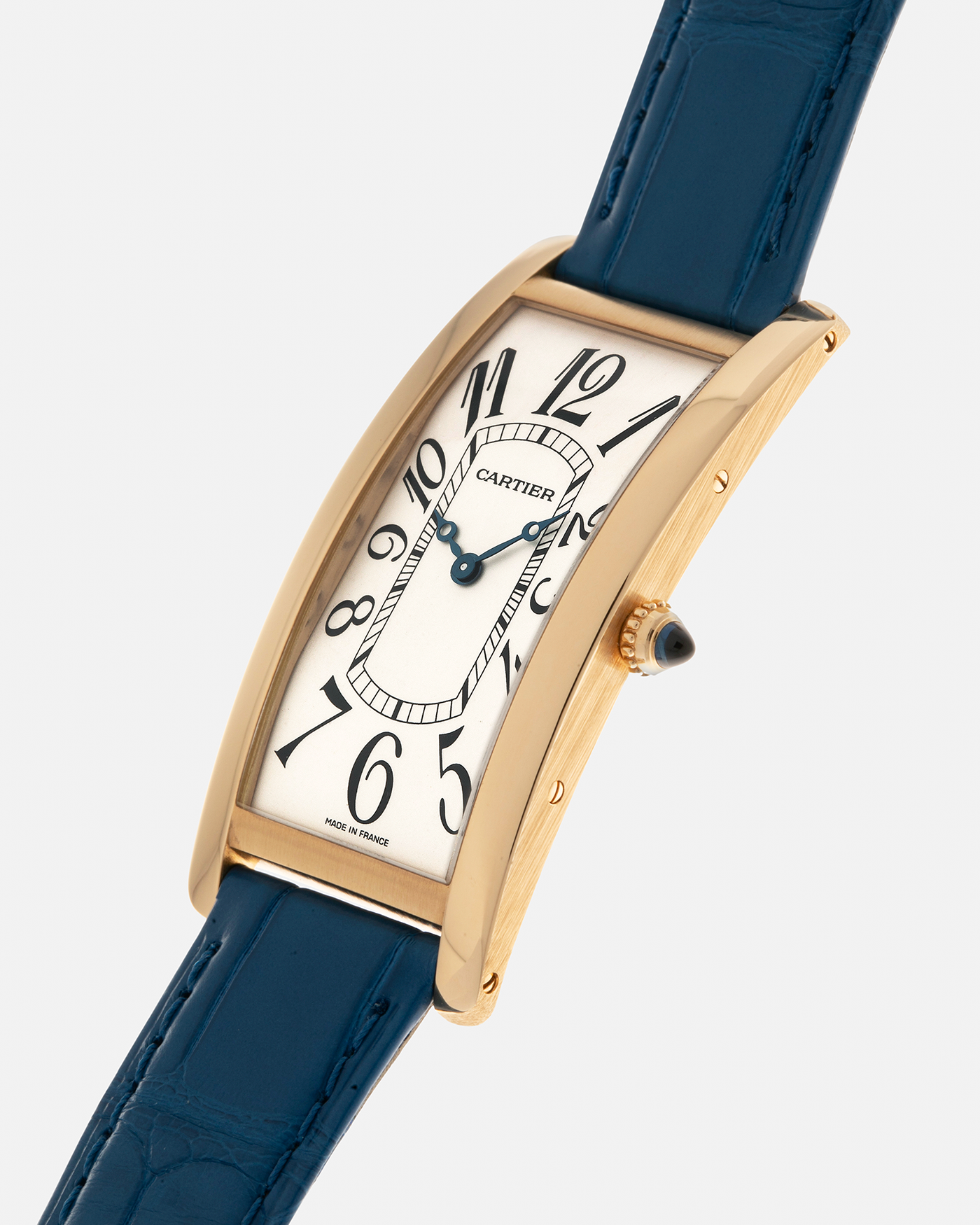 Brand: Cartier
Year: 2000s
Model: Collection Privée Cartier Paris Tank Cintrée, Limited to 150 pieces
Reference: 2718
Material: 18-carat Yellow Gold
Movement: Cartier Cal. 8780 MC (Based on JLC Cal. 849), Manual-Winding
Case Dimensions: 46mm (Including Lugs) x 23 mm x 6.4mm
Lug Width: 16mm
Strap: Cartier Cobalt Blue Alligator Leather Strap with Signed 18-carat Yellow Gold Deployant Clasp