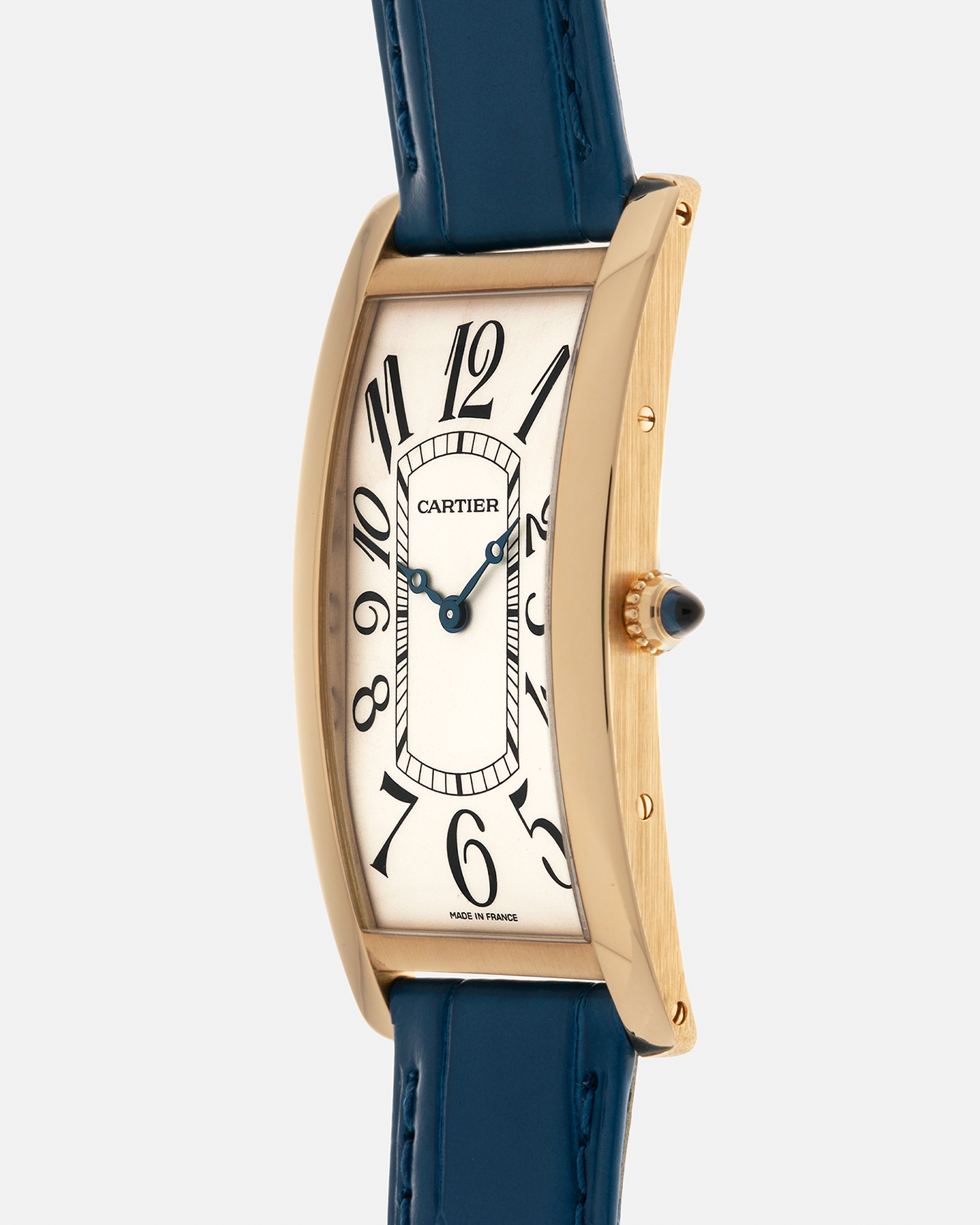 Brand: Cartier
Year: 2000s
Model: Collection Privée Cartier Paris Tank Cintrée, Limited to 150 pieces
Reference: 2718
Material: 18-carat Yellow Gold
Movement: Cartier Cal. 8780 MC (Based on JLC Cal. 849), Manual-Winding
Case Dimensions: 46mm (Including Lugs) x 23 mm x 6.4mm
Lug Width: 16mm
Strap: Cartier Cobalt Blue Alligator Leather Strap with Signed 18-carat Yellow Gold Deployant Clasp