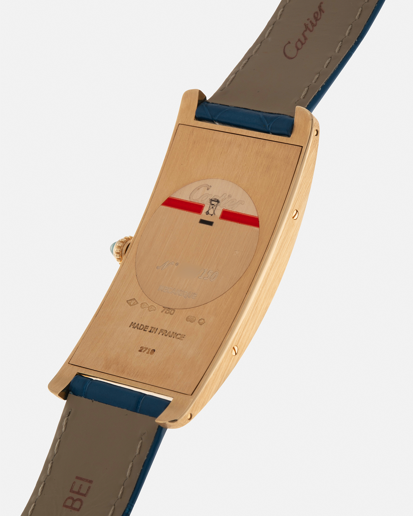 Brand: Cartier
Year: 2000s
Model: Collection Privée Cartier Paris Tank Cintrée, Limited to 150 pieces
Reference: 2718
Material: 18-carat Yellow Gold
Movement: Cartier Cal. 8780 MC (Based on JLC Cal. 849), Manual-Winding
Case Dimensions: 46mm (Including Lugs) x 23 mm x 6.4mm
Lug Width: 16mm
Strap: Cartier Cobalt Blue Alligator Leather Strap with Signed 18-carat Yellow Gold Deployant Clasp