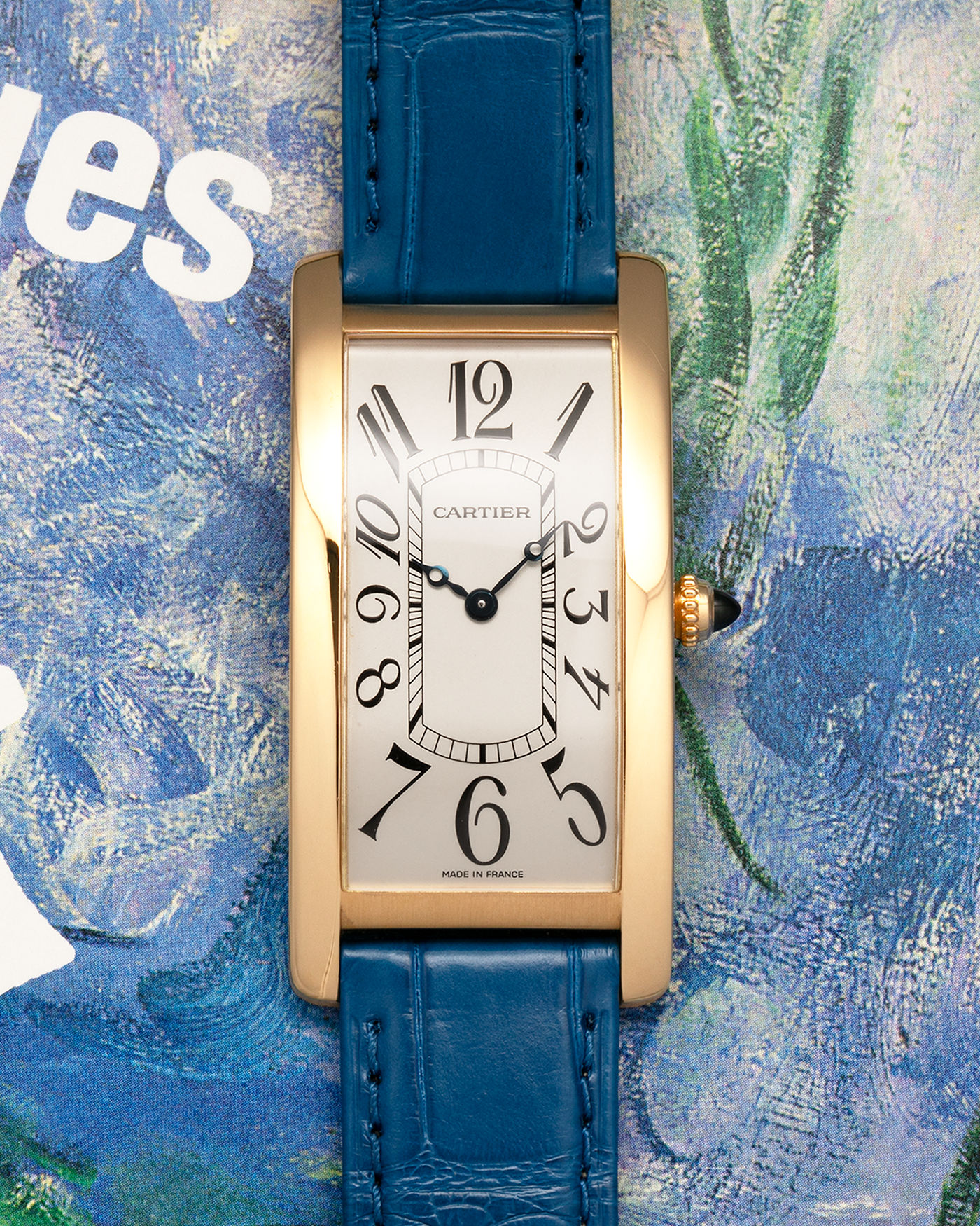 Brand: Cartier
Year: 2000s
Model: Collection Privée Cartier Paris Tank Cintrée, Limited to 150 pieces
Reference: 2718
Material: 18-carat Yellow Gold
Movement: Cartier Cal. 8780 MC (Based on JLC Cal. 849), Manual-Winding
Case Dimensions: 46mm (Including Lugs) x 23 mm x 6.4mm
Lug Width: 16mm
Strap: Cartier Cobalt Blue Alligator Leather Strap with Signed 18-carat Yellow Gold Deployant Clasp