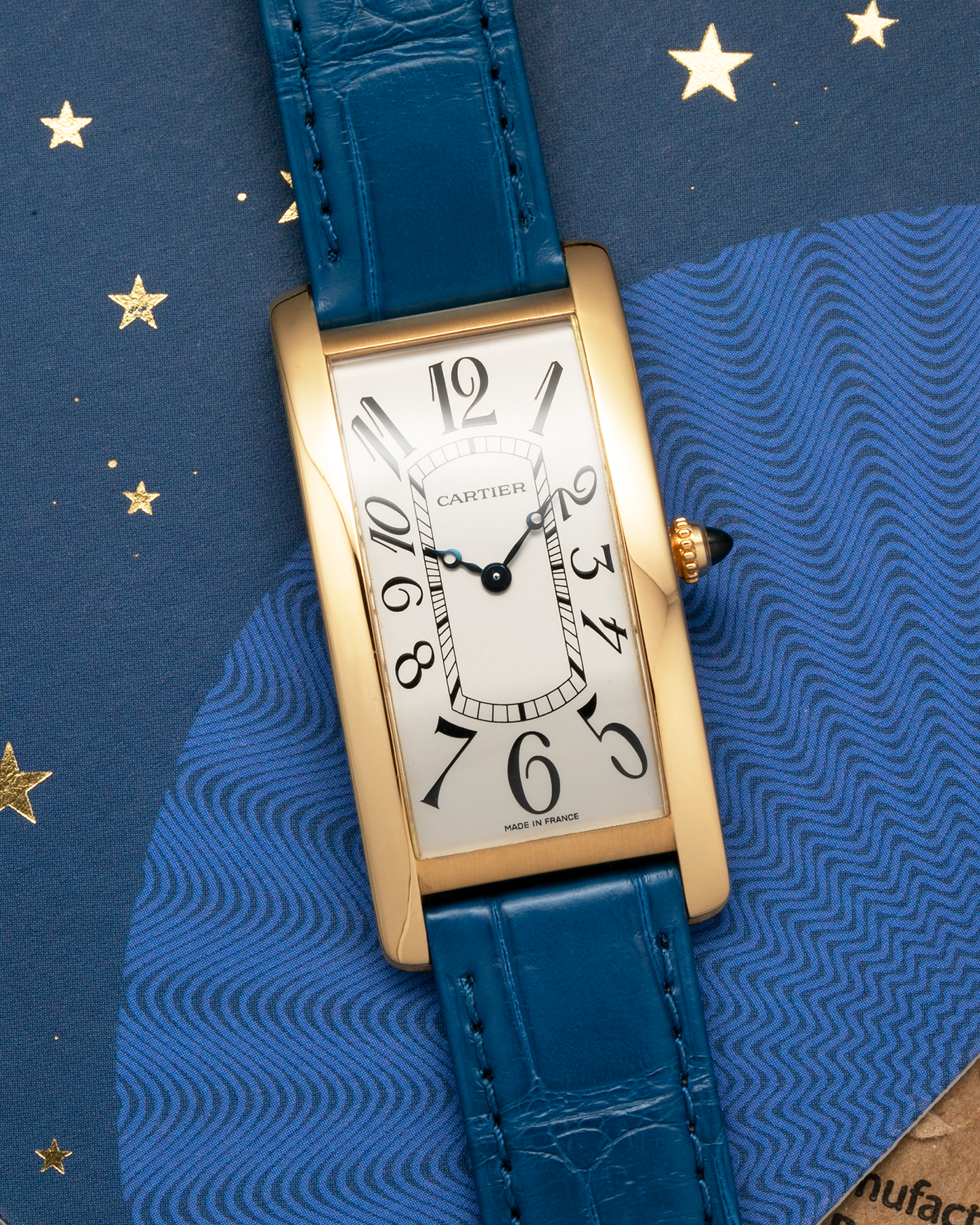 Brand: Cartier
Year: 2000s
Model: Collection Privée Cartier Paris Tank Cintrée, Limited to 150 pieces
Reference: 2718
Material: 18-carat Yellow Gold
Movement: Cartier Cal. 8780 MC (Based on JLC Cal. 849), Manual-Winding
Case Dimensions: 46mm (Including Lugs) x 23 mm x 6.4mm
Lug Width: 16mm
Strap: Cartier Cobalt Blue Alligator Leather Strap with Signed 18-carat Yellow Gold Deployant Clasp