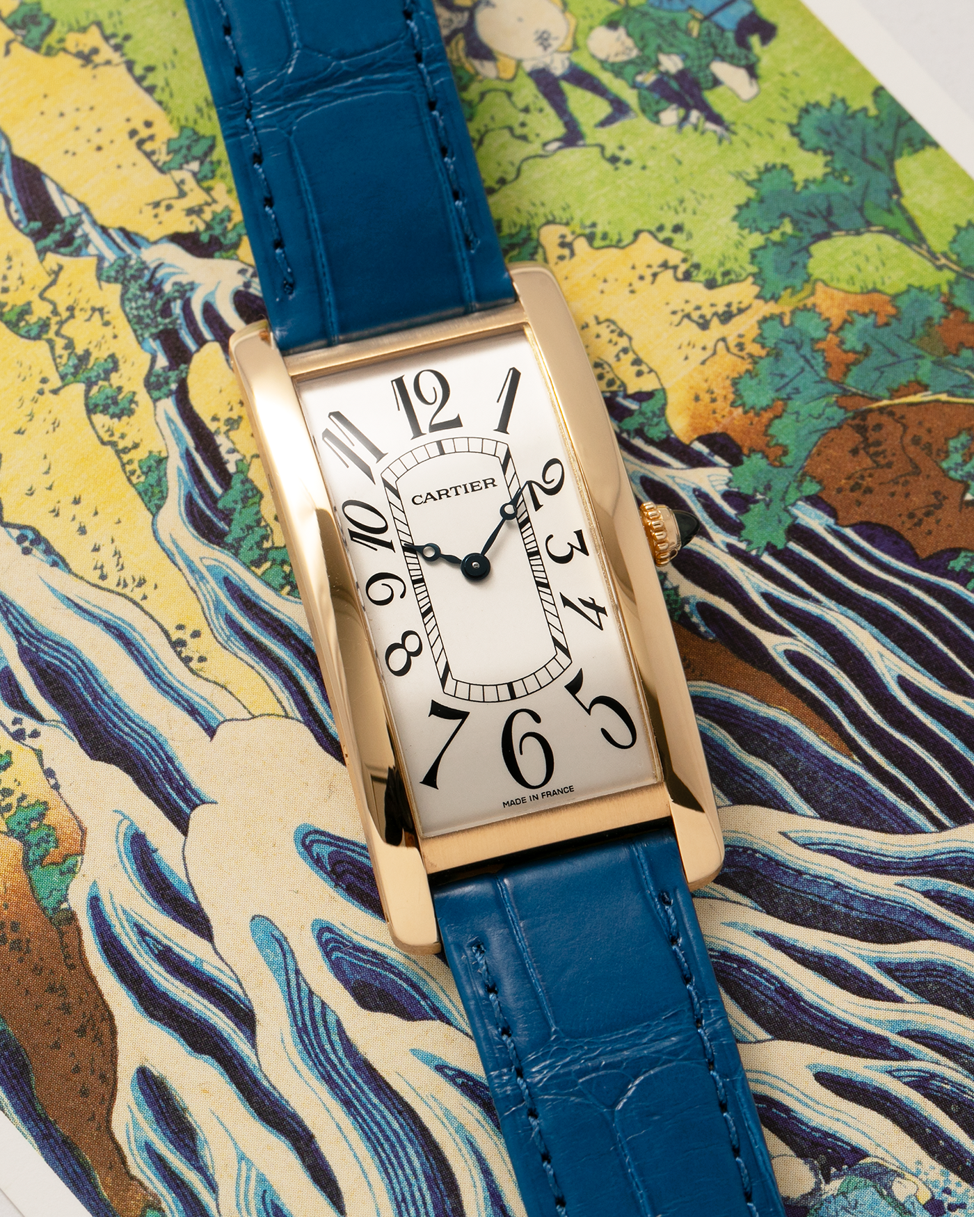 Brand: Cartier
Year: 2000s
Model: Collection Privée Cartier Paris Tank Cintrée, Limited to 150 pieces
Reference: 2718
Material: 18-carat Yellow Gold
Movement: Cartier Cal. 8780 MC (Based on JLC Cal. 849), Manual-Winding
Case Dimensions: 46mm (Including Lugs) x 23 mm x 6.4mm
Lug Width: 16mm
Strap: Cartier Cobalt Blue Alligator Leather Strap with Signed 18-carat Yellow Gold Deployant Clasp