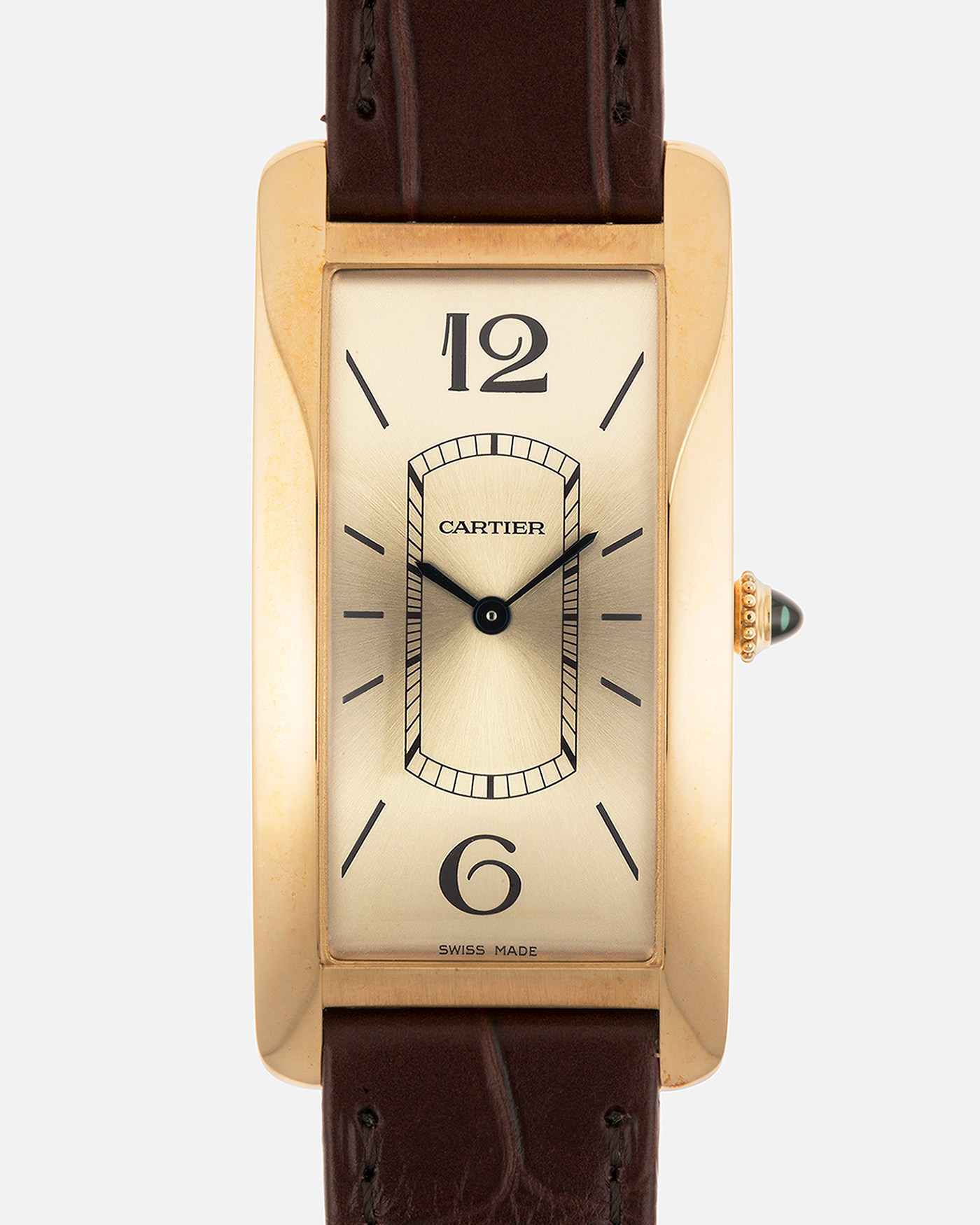 Brand: Cartier
Year: 2022
Model: Tank Cintrée
Reference: WGTA0026, 4123
Material: 18-carat Yellow Gold
Movement: Cartier Cal. 8971 MC (Based on JLC Cal. 846), Manual-Winding
Case Dimensions: 46.3mm (Including Lugs) x 23 mm
Lug Width: 16mm
Strap: Cartier Semi-Matt Brown Alligator Leather Strap with Signed 18-carat Yellow Gold Tang Buckle