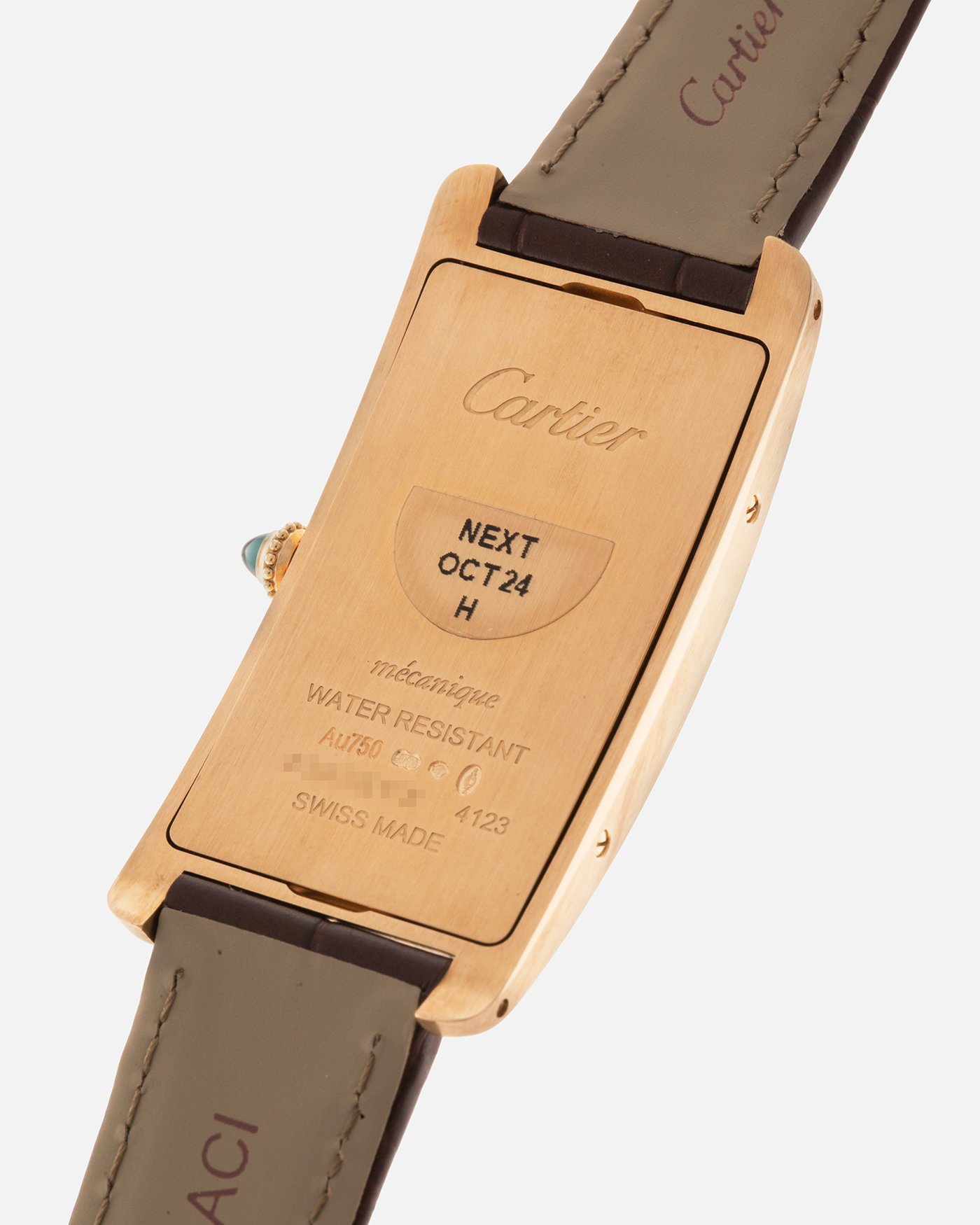 Brand: Cartier
Year: 2022
Model: Tank Cintrée
Reference: WGTA0026, 4123
Material: 18-carat Yellow Gold
Movement: Cartier Cal. 8971 MC (Based on JLC Cal. 846), Manual-Winding
Case Dimensions: 46.3mm (Including Lugs) x 23 mm
Lug Width: 16mm
Strap: Cartier Semi-Matt Brown Alligator Leather Strap with Signed 18-carat Yellow Gold Tang Buckle