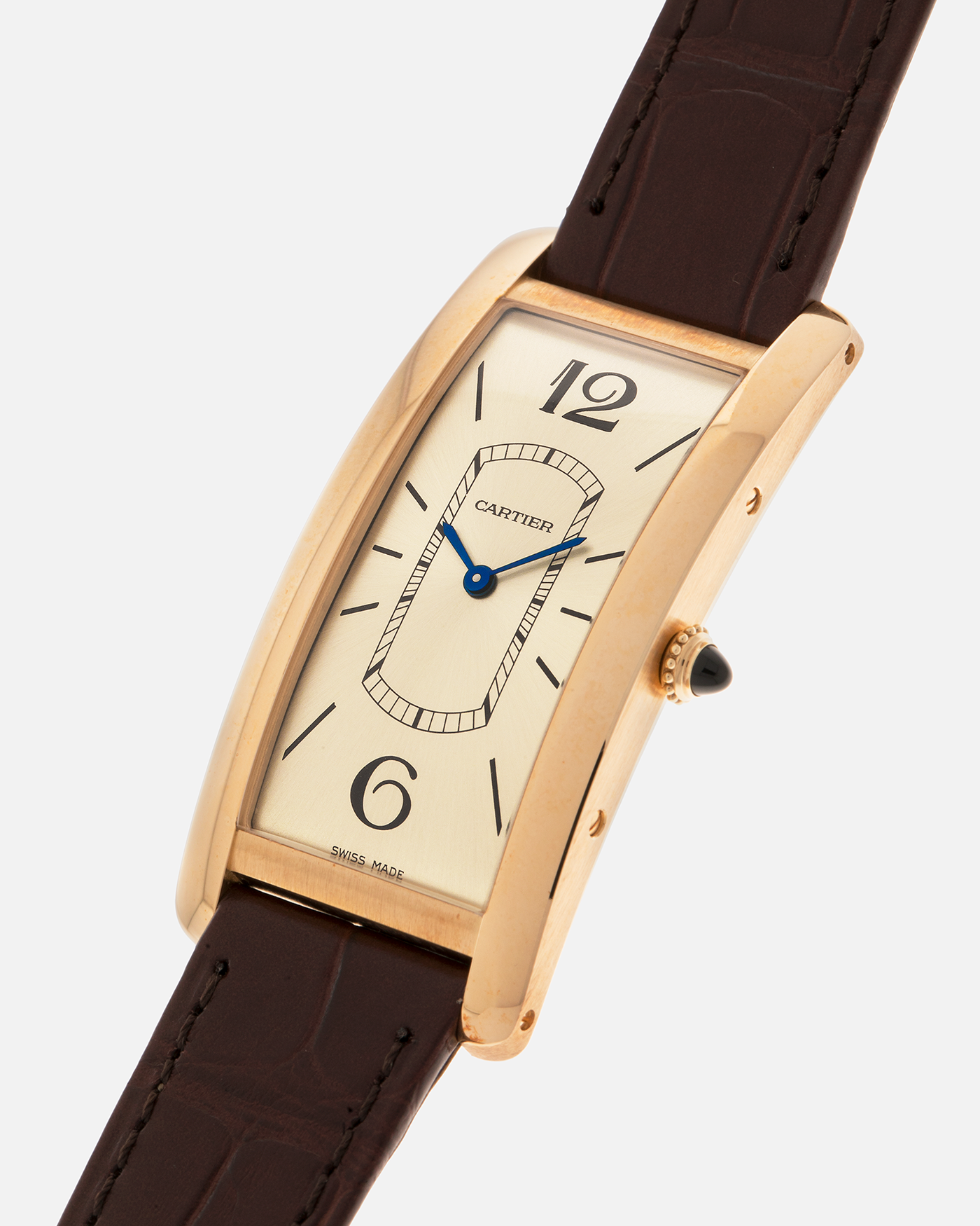 Brand: Cartier
Year: 2022
Model: Tank Cintrée
Reference: WGTA0026, 4123
Material: 18-carat Yellow Gold
Movement: Cartier Cal. 8971 MC (Based on JLC Cal. 846), Manual-Winding
Case Dimensions: 46.3mm (Including Lugs) x 23 mm
Lug Width: 16mm
Strap: Cartier Semi-Matt Brown Alligator Leather Strap with Signed 18-carat Yellow Gold Tang Buckle