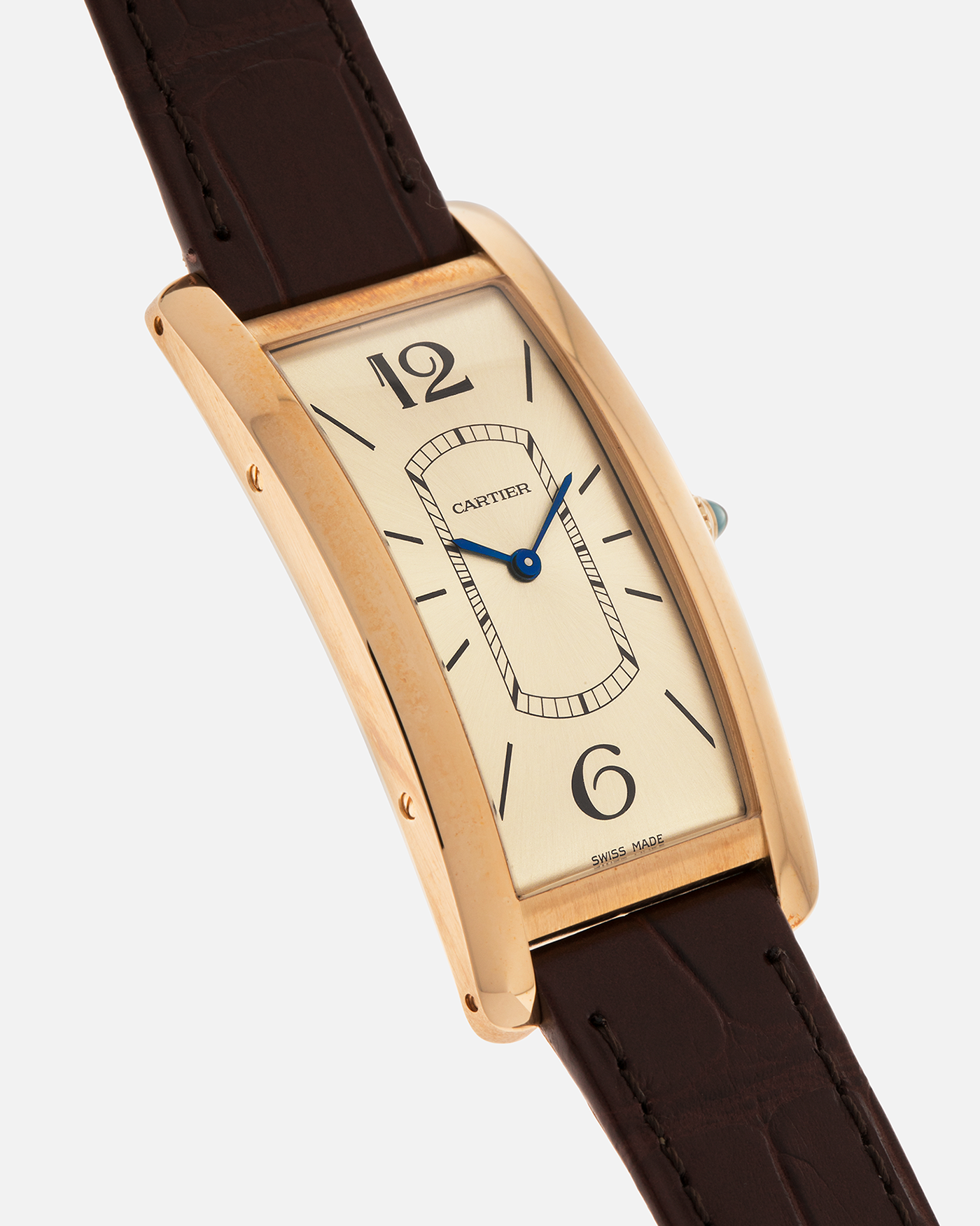 Brand: Cartier
Year: 2022
Model: Tank Cintrée
Reference: WGTA0026, 4123
Material: 18-carat Yellow Gold
Movement: Cartier Cal. 8971 MC (Based on JLC Cal. 846), Manual-Winding
Case Dimensions: 46.3mm (Including Lugs) x 23 mm
Lug Width: 16mm
Strap: Cartier Semi-Matt Brown Alligator Leather Strap with Signed 18-carat Yellow Gold Tang Buckle