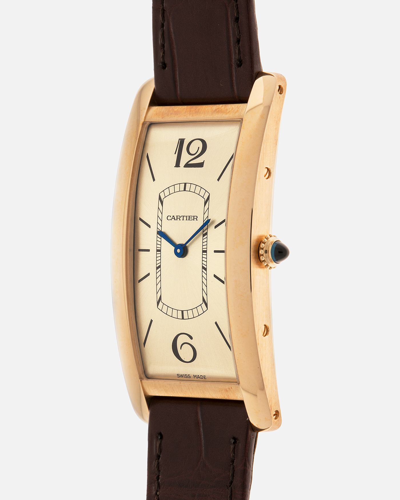Brand: Cartier
Year: 2022
Model: Tank Cintrée
Reference: WGTA0026, 4123
Material: 18-carat Yellow Gold
Movement: Cartier Cal. 8971 MC (Based on JLC Cal. 846), Manual-Winding
Case Dimensions: 46.3mm (Including Lugs) x 23 mm
Lug Width: 16mm
Strap: Cartier Semi-Matt Brown Alligator Leather Strap with Signed 18-carat Yellow Gold Tang Buckle