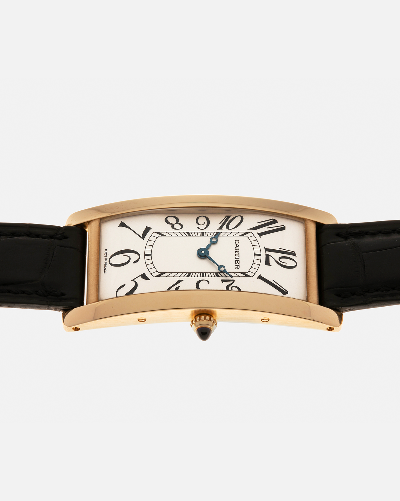Brand: Cartier Year: 2005 Model: Collection Privée Cartier Paris Tank Cintrée, Limited to 150 pieces Reference: 2718 Material: 18-carat Yellow Gold Movement: Cartier Cal. 8780 MC (Based on JLC Cal. 849), Manual-Winding Case Dimensions: 46mm x 23mm Lug Width: 16mm Strap: Cartier Black Alligator Leather with Signed 18-carat Yellow Gold Deployant Clasp