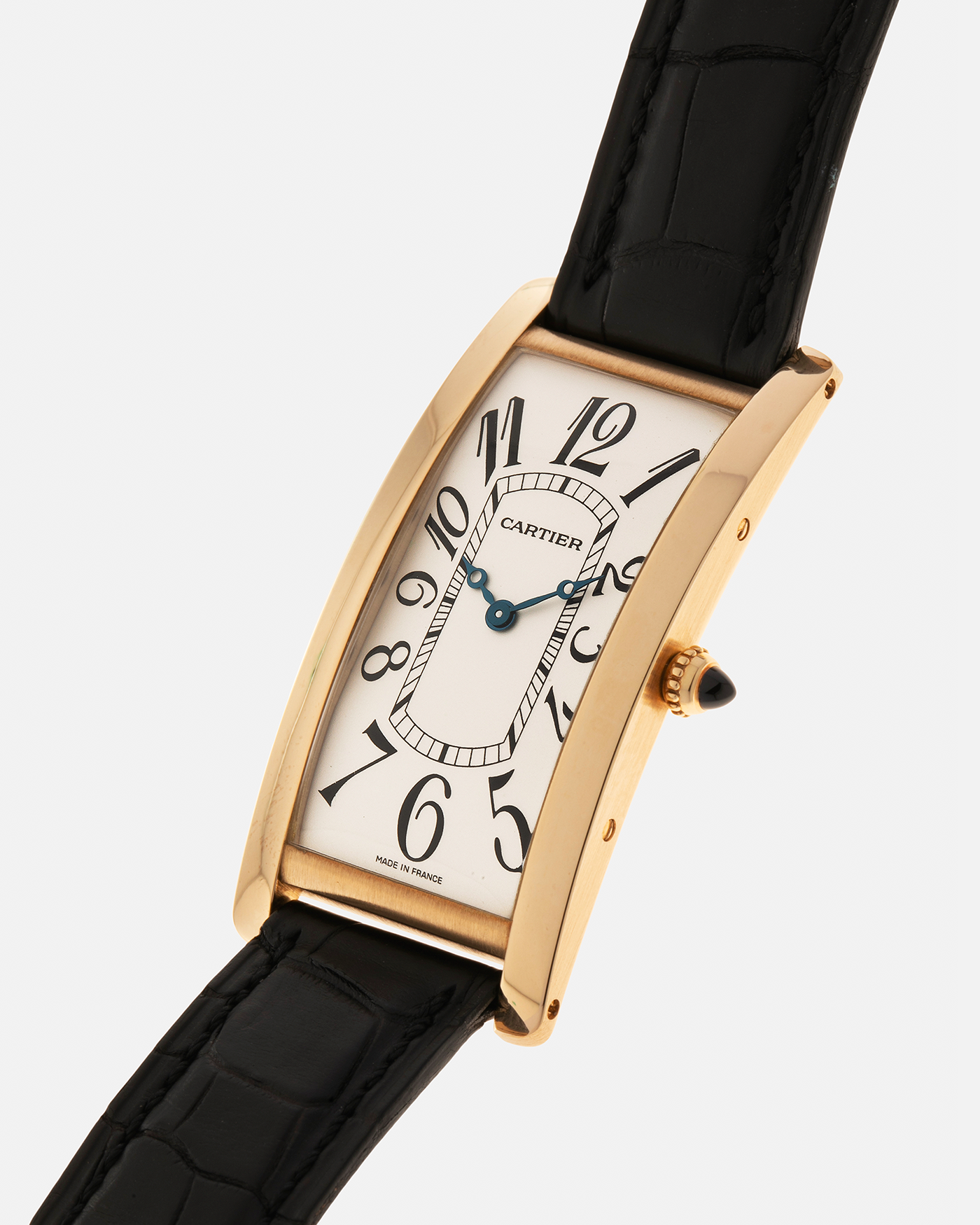 Brand: Cartier Year: 2005 Model: Collection Privée Cartier Paris Tank Cintrée, Limited to 150 pieces Reference: 2718 Material: 18-carat Yellow Gold Movement: Cartier Cal. 8780 MC (Based on JLC Cal. 849), Manual-Winding Case Dimensions: 46mm x 23mm Lug Width: 16mm Strap: Cartier Black Alligator Leather with Signed 18-carat Yellow Gold Deployant Clasp