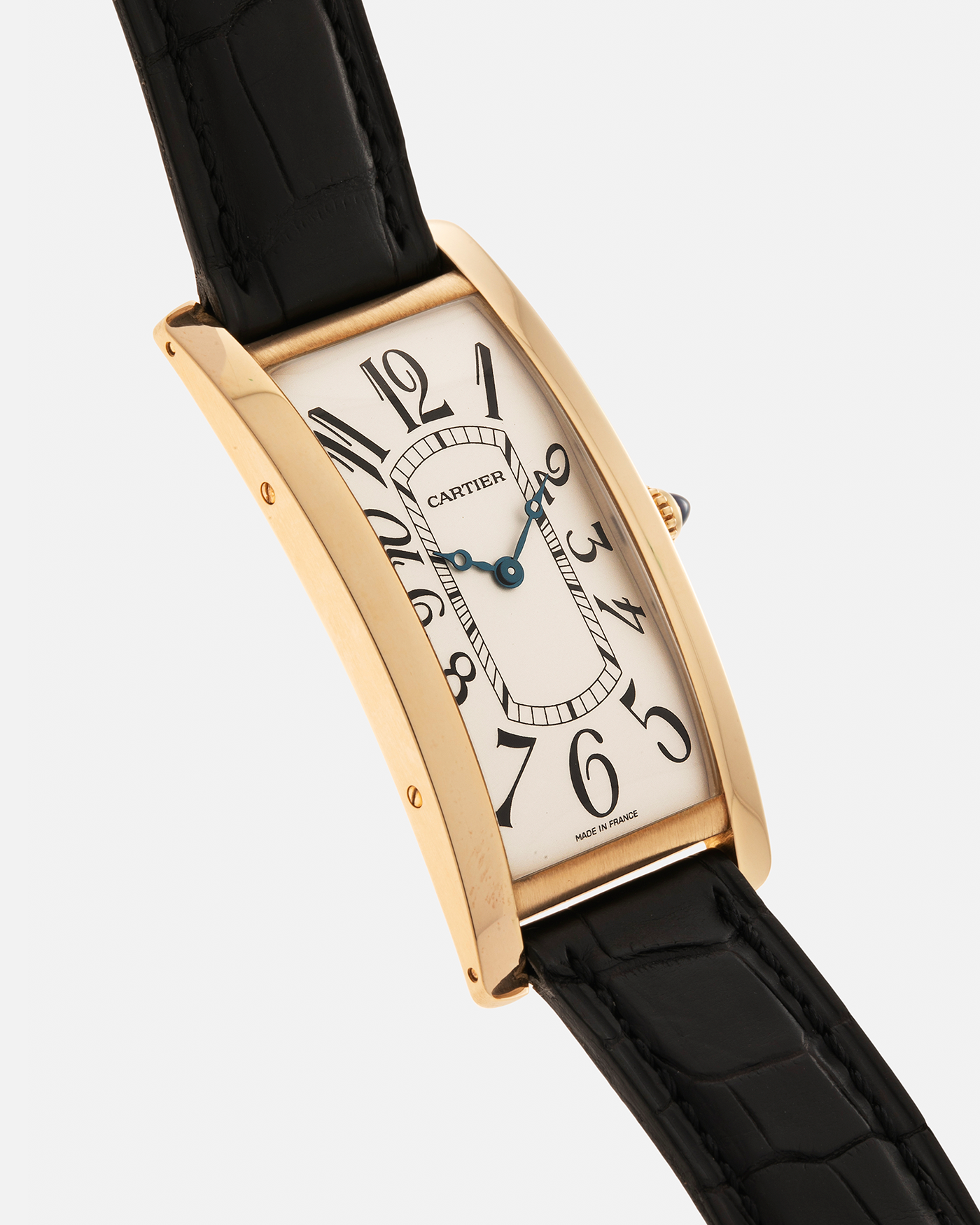 Brand: Cartier Year: 2005 Model: Collection Privée Cartier Paris Tank Cintrée, Limited to 150 pieces Reference: 2718 Material: 18-carat Yellow Gold Movement: Cartier Cal. 8780 MC (Based on JLC Cal. 849), Manual-Winding Case Dimensions: 46mm x 23mm Lug Width: 16mm Strap: Cartier Black Alligator Leather with Signed 18-carat Yellow Gold Deployant Clasp