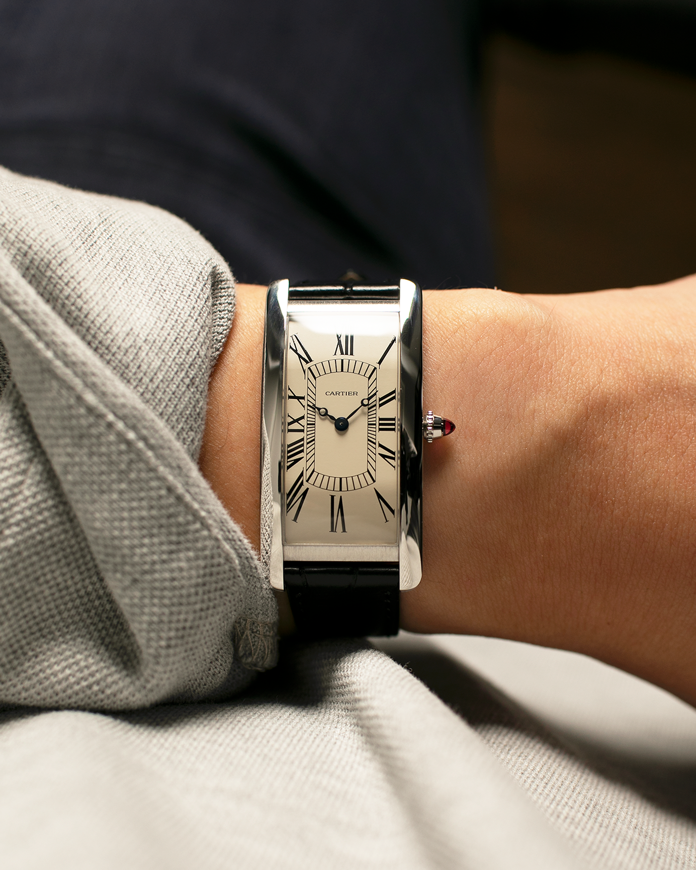 Brand: Cartier
Year: 2024
Model: Tank Cintrée Les Rééditions, Limited to 150 pieces
Reference: WGTA0193
Material: Platinum 950 
Movement: Cartier Cal. 9780 MC (Jaeger LeCoultre Cal. 849), Manual-Winding
Case Dimensions: 46mm (Including Lugs) x 23 mm
Lug Width: 16mm
Strap: Cartier Black Alligator Leather Strap with Signed Platinum 950 Tang Buckle