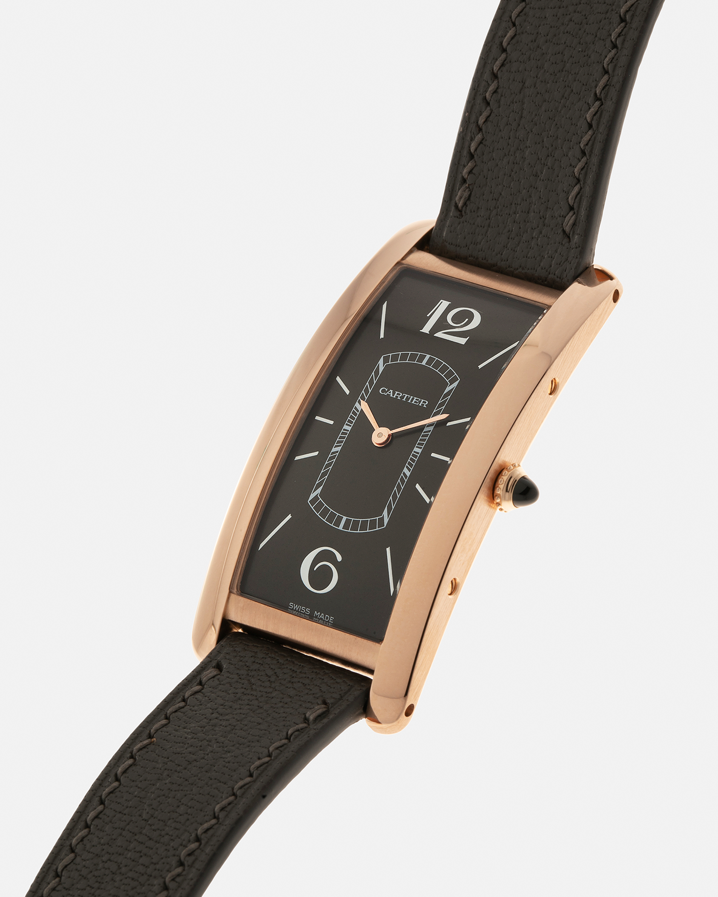 Brand: Cartier Year: 2021 Model: Tank Cintrée Reference: WGTA0025 Material: 18-carat Rose Gold Movement: Cartier Cal. 8971 MC (Based on JLC Cal. 846), Manual-Winding Case Diameter: 46.3mm x 23 mm Lug Width: 16mm Strap: Semi-Matt Grey Leather Strap with Signed 18-carat Rose Gold Tang Buckle