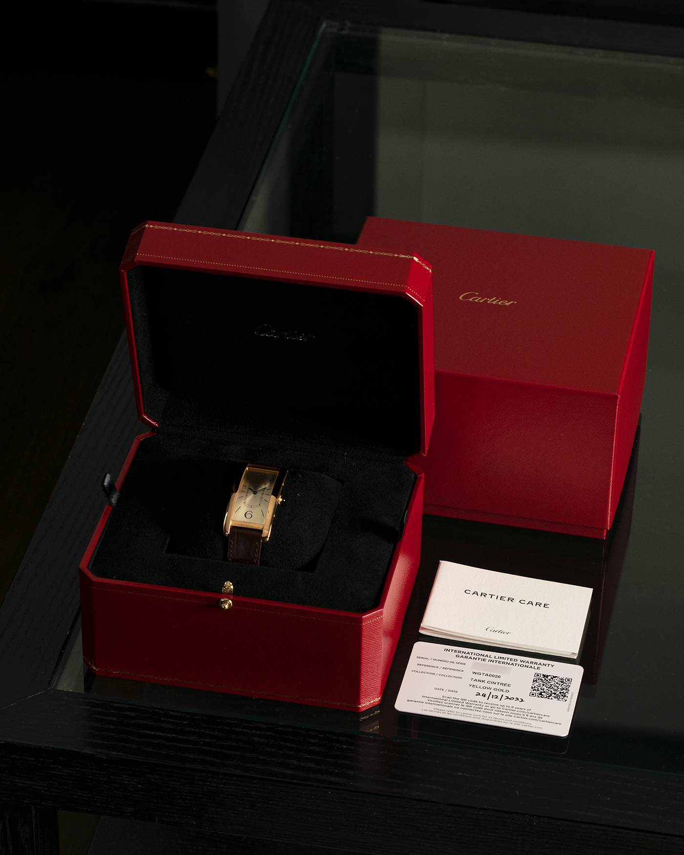 Brand: Cartier Year: 2022 Model: Tank Cintrée Reference: WGTA0026 Material: 18-carat Yellow Gold Movement: Cartier Cal. 8971 MC (Based on JLC Cal. 846), Manual-Winding Case Diameter: 46.3mm x 23 mm Lug Width: 16mm Strap: Cartier Semi-Matt Brown Alligator Leather Strap with Signed 18-carat Yellow Gold Tang Buckle