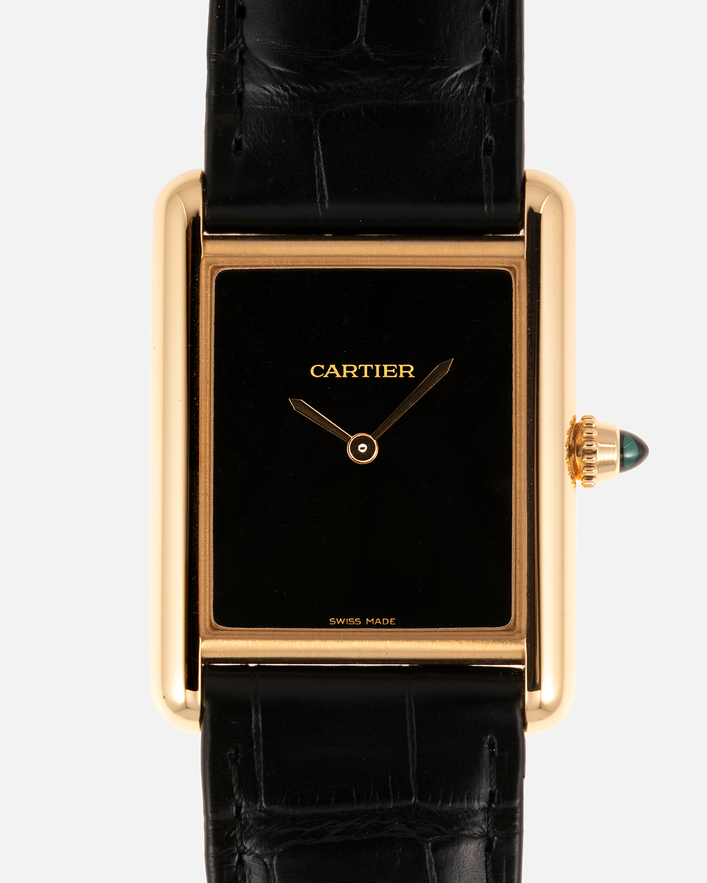 Brand: Cartier Year: 2023 Model: Tank Louis Cartier Material: 18-carat Yellow Gold, Black Lacquered Dial Movement: Cal. 1917 MC, Manual-Winding Case Diameter: 25.5mm x 33.7mm Strap: Cartier Alligator Leather Strap with Signed 18-carat Yellow Gold Tang Buckle, and additional Vero Cuoio Black Alligator Leather Strap