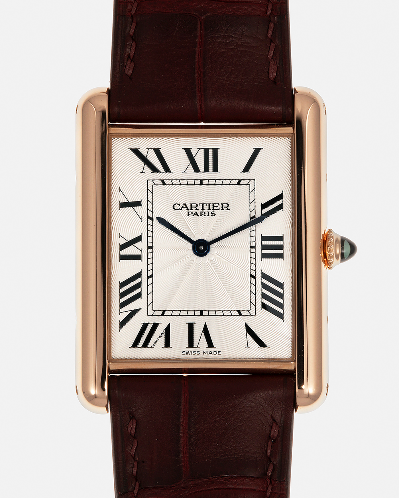 Brand: Cartier
Year: 2009
Model: Collection Privée Cartier Paris Tank Louis XL, Limited to approximately 250 pieces in Rose Gold
Reference: 2714
Material: 18-carat Rose Gold
Movement: Cartier Cal. 9701 MC (Piaget-Based), Manual-Winding
Case Dimensions: 40mm (Including Lugs) x 30mm x 6.2mm
Lug Width: 21mm
Strap: Custom Burgundy-Brown Alligator Leather Strap with Signed 18-carat Rose Gold Deployant Clasp