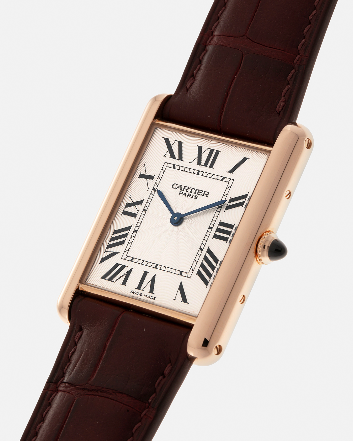 Brand: Cartier
Year: 2009
Model: Collection Privée Cartier Paris Tank Louis XL, Limited to approximately 250 pieces in Rose Gold
Reference: 2714
Material: 18-carat Rose Gold
Movement: Cartier Cal. 9701 MC (Piaget-Based), Manual-Winding
Case Dimensions: 40mm (Including Lugs) x 30mm x 6.2mm
Lug Width: 21mm
Strap: Custom Burgundy-Brown Alligator Leather Strap with Signed 18-carat Rose Gold Deployant Clasp