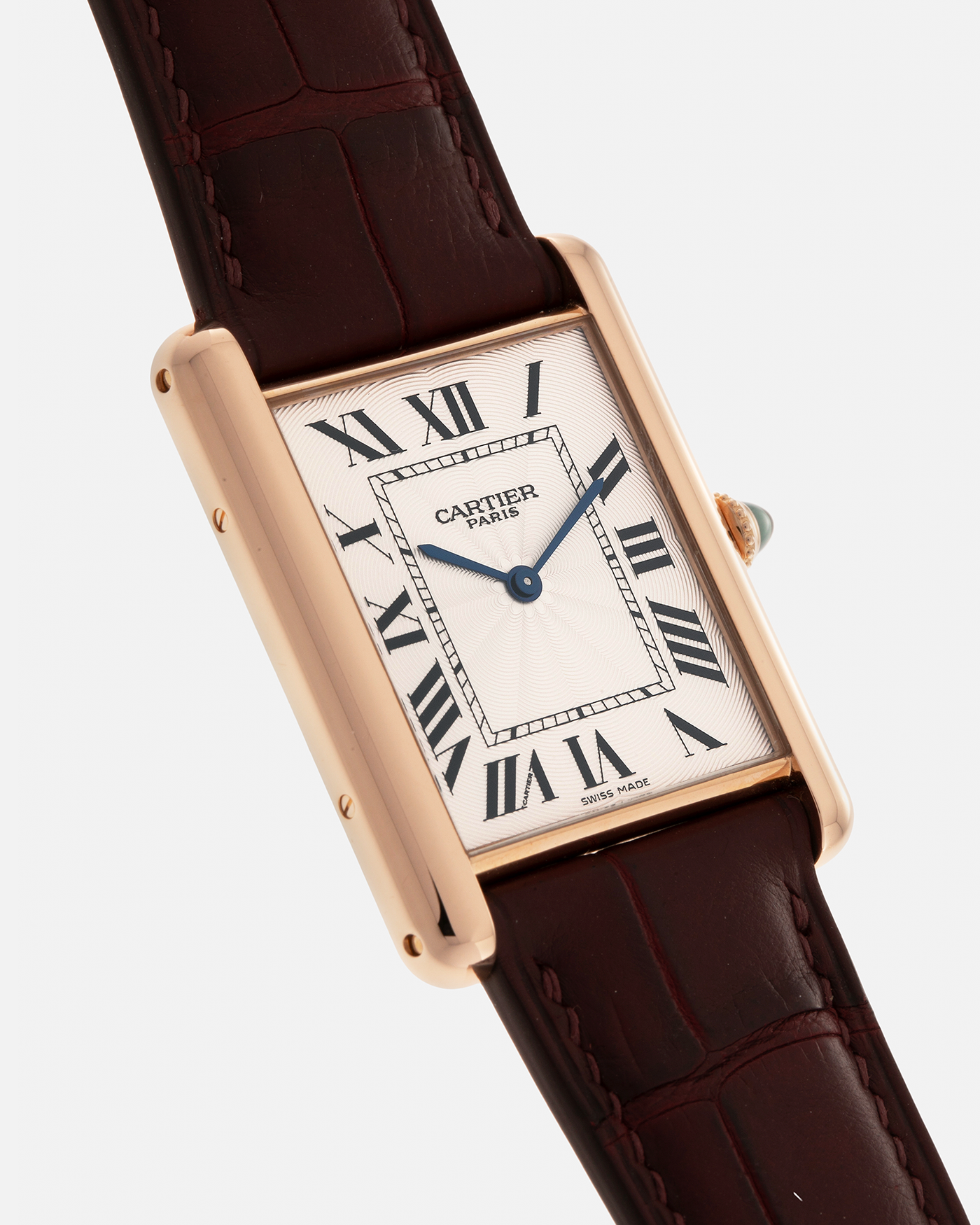 Brand: Cartier
Year: 2009
Model: Collection Privée Cartier Paris Tank Louis XL, Limited to approximately 250 pieces in Rose Gold
Reference: 2714
Material: 18-carat Rose Gold
Movement: Cartier Cal. 9701 MC (Piaget-Based), Manual-Winding
Case Dimensions: 40mm (Including Lugs) x 30mm x 6.2mm
Lug Width: 21mm
Strap: Custom Burgundy-Brown Alligator Leather Strap with Signed 18-carat Rose Gold Deployant Clasp