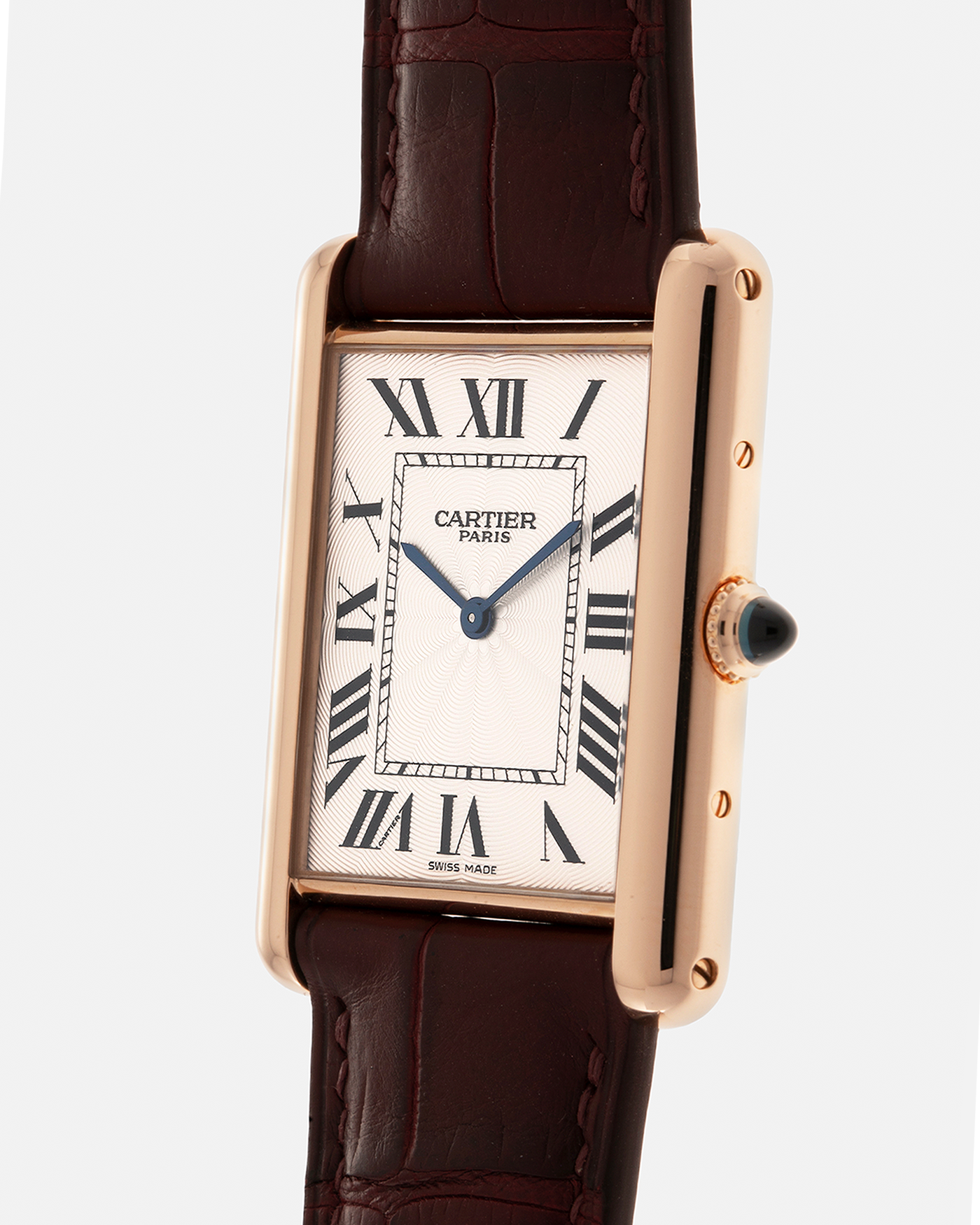 Brand: Cartier
Year: 2009
Model: Collection Privée Cartier Paris Tank Louis XL, Limited to approximately 250 pieces in Rose Gold
Reference: 2714
Material: 18-carat Rose Gold
Movement: Cartier Cal. 9701 MC (Piaget-Based), Manual-Winding
Case Dimensions: 40mm (Including Lugs) x 30mm x 6.2mm
Lug Width: 21mm
Strap: Custom Burgundy-Brown Alligator Leather Strap with Signed 18-carat Rose Gold Deployant Clasp