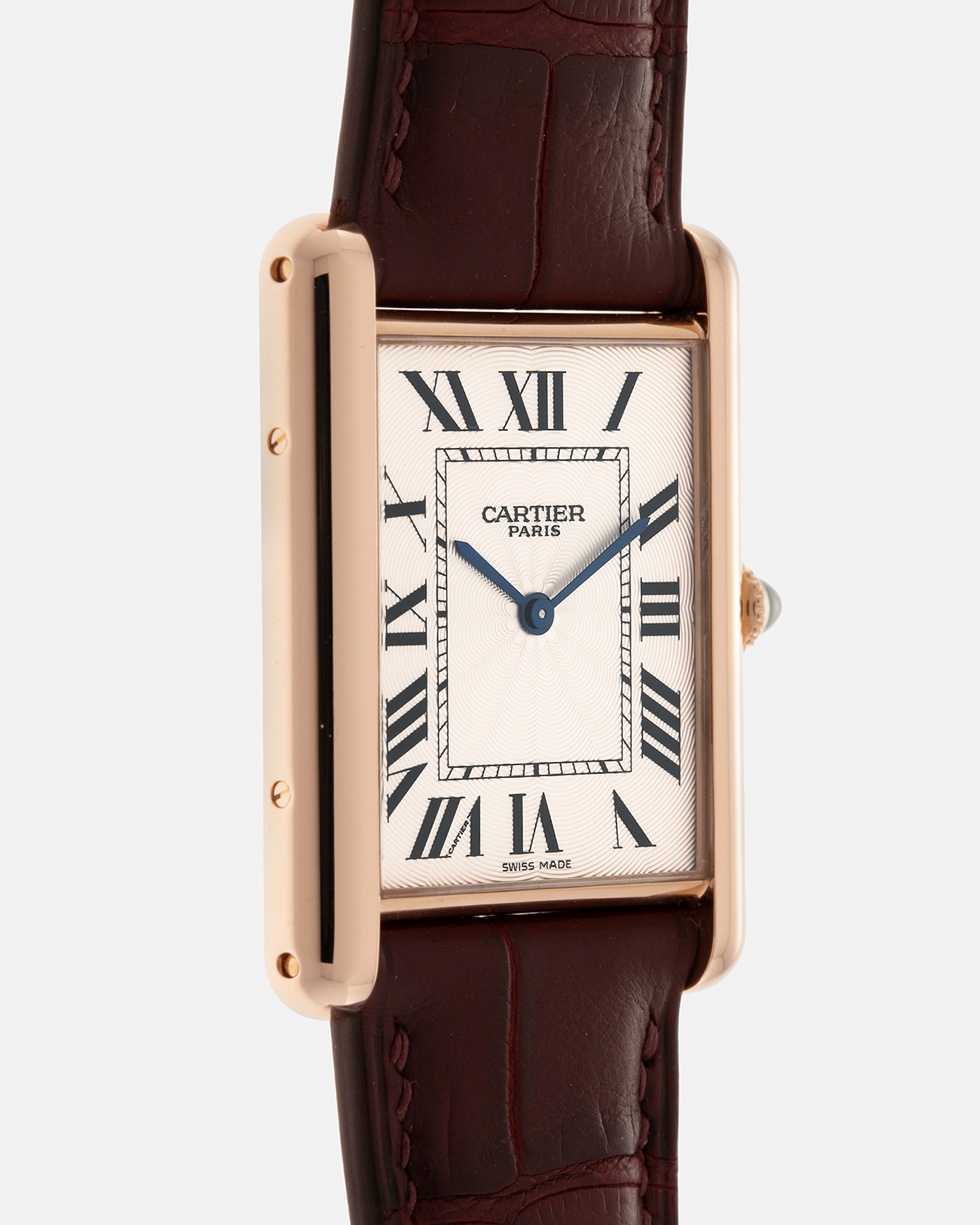 Brand: Cartier
Year: 2009
Model: Collection Privée Cartier Paris Tank Louis XL, Limited to approximately 250 pieces in Rose Gold
Reference: 2714
Material: 18-carat Rose Gold
Movement: Cartier Cal. 9701 MC (Piaget-Based), Manual-Winding
Case Dimensions: 40mm (Including Lugs) x 30mm x 6.2mm
Lug Width: 21mm
Strap: Custom Burgundy-Brown Alligator Leather Strap with Signed 18-carat Rose Gold Deployant Clasp