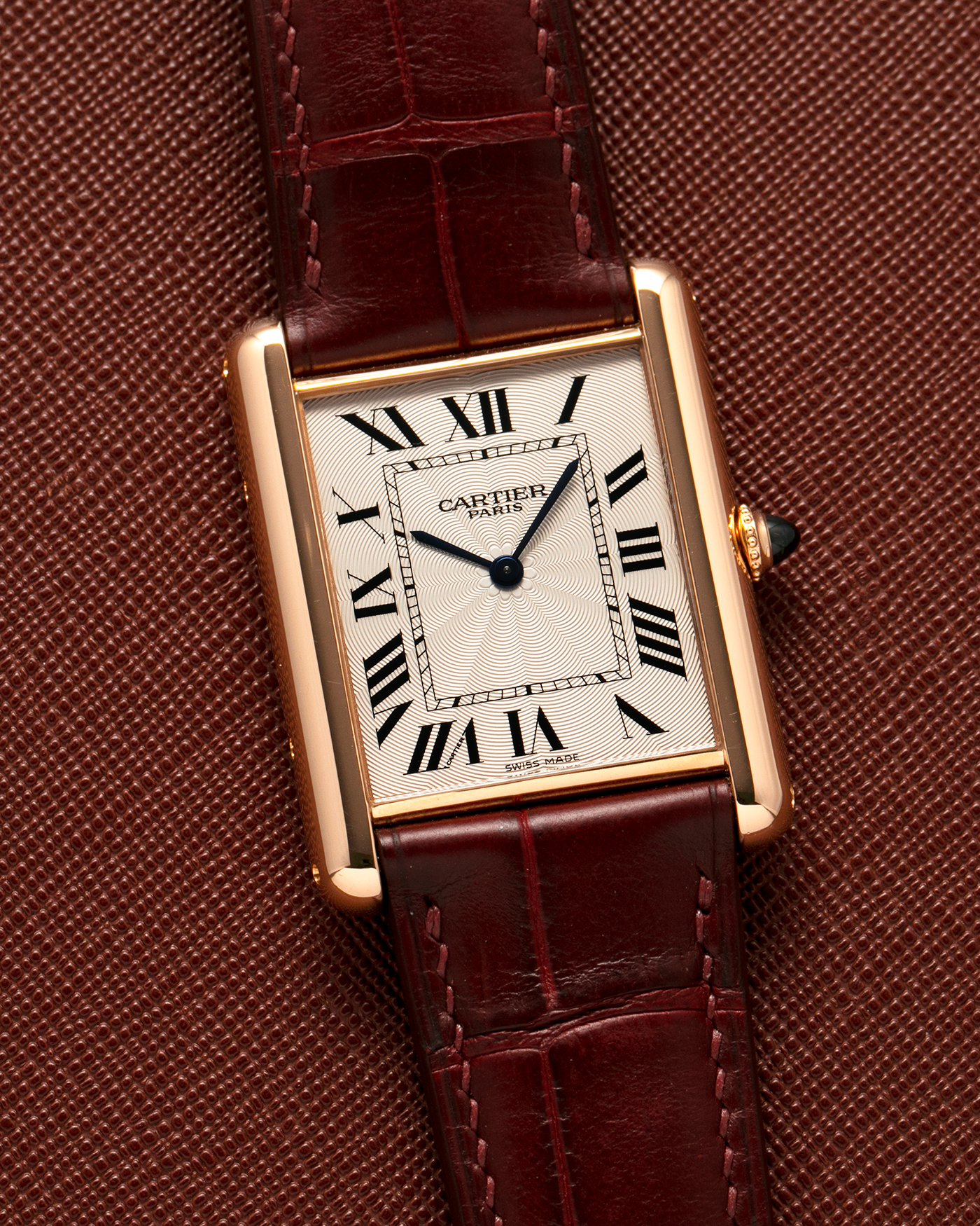 Brand: Cartier
Year: 2009
Model: Collection Privée Cartier Paris Tank Louis XL, Limited to approximately 250 pieces in Rose Gold
Reference: 2714
Material: 18-carat Rose Gold
Movement: Cartier Cal. 9701 MC (Piaget-Based), Manual-Winding
Case Dimensions: 40mm (Including Lugs) x 30mm x 6.2mm
Lug Width: 21mm
Strap: Custom Burgundy-Brown Alligator Leather Strap with Signed 18-carat Rose Gold Deployant Clasp