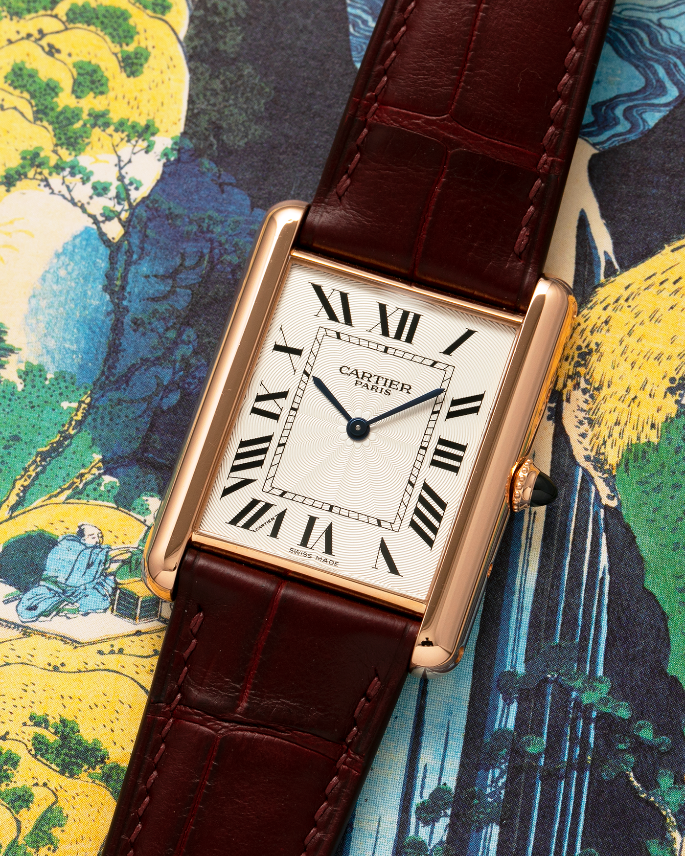 Brand: Cartier
Year: 2009
Model: Collection Privée Cartier Paris Tank Louis XL, Limited to approximately 250 pieces in Rose Gold
Reference: 2714
Material: 18-carat Rose Gold
Movement: Cartier Cal. 9701 MC (Piaget-Based), Manual-Winding
Case Dimensions: 40mm (Including Lugs) x 30mm x 6.2mm
Lug Width: 21mm
Strap: Custom Burgundy-Brown Alligator Leather Strap with Signed 18-carat Rose Gold Deployant Clasp