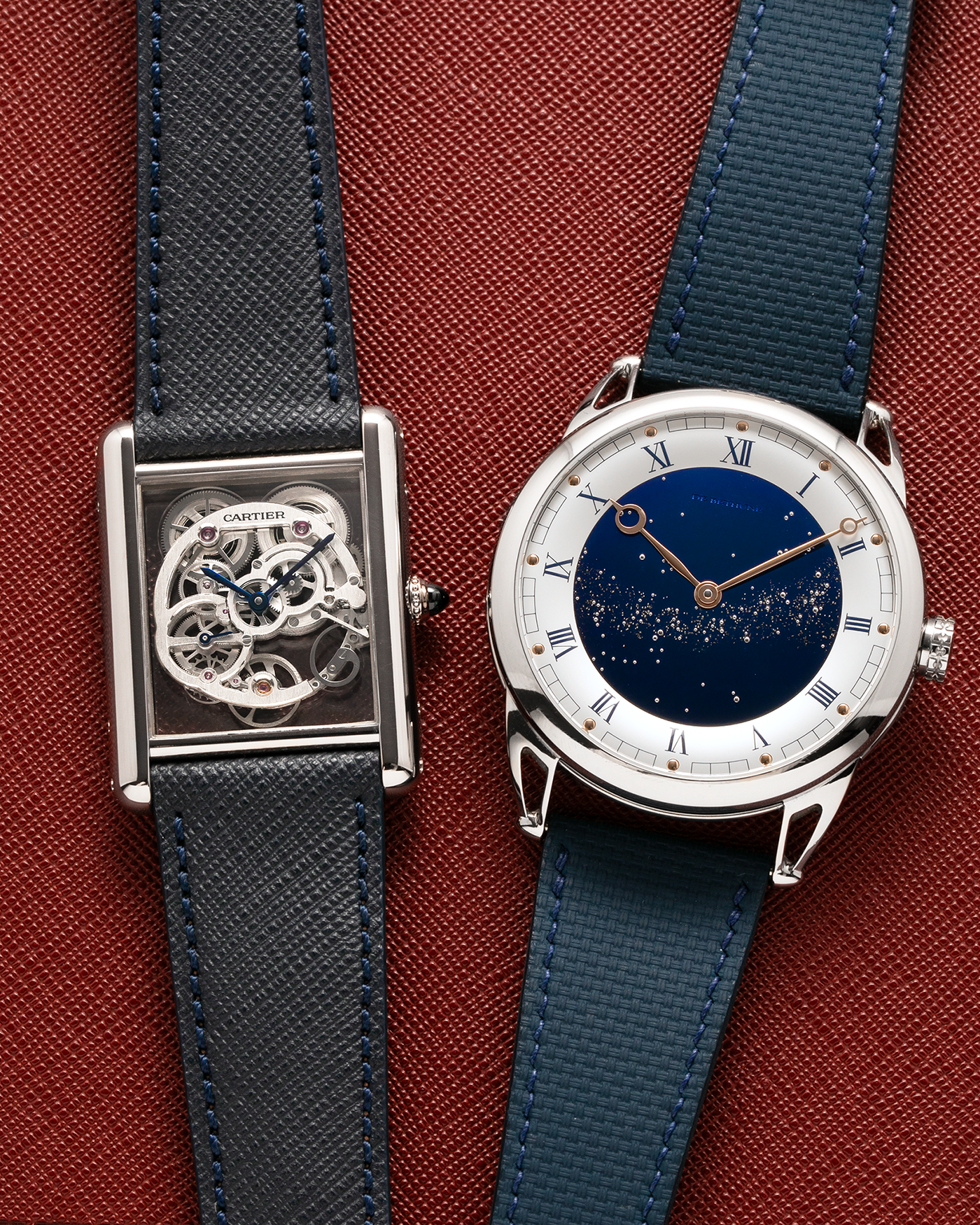 Brand: Cartier
Year: 2015
Model: Tank Louis Cartier Sapphire Skeleton
Reference: W5310012
Material: 18k White Gold
Movement: Manual-Winding Cartier Calibre 9616 MC
Case Dimensions: 39.2mm by 30mm, 7.45mm Thickness
Strap: Navy Blue Molequin Textured Calf Strap, Grey Blue Cartier Alligator Strap, Sealed Black Cartier Alligator Strap with 18k White Gold Cartier Deployant Buckle