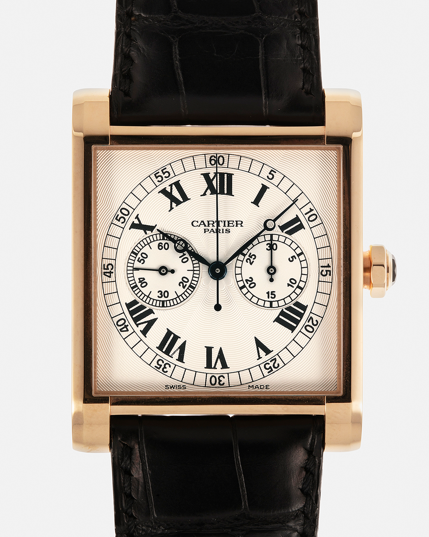 Brand: Cartier
Year: 2000’s
Model: Collection Privée Cartier Paris Tank Monopoussoir
Reference: 2846
Material: 18-carat Rose Gold
Movement: Cartier-THA Cal. 045MC, Manual-Winding
Case Dimensions: 43mm (Including Lugs) x 32 mm
Lug Width: 25mm
Strap: Cartier Black Alligator Leather Strap with Signed 18-carat Rose Gold Deployant Clasp