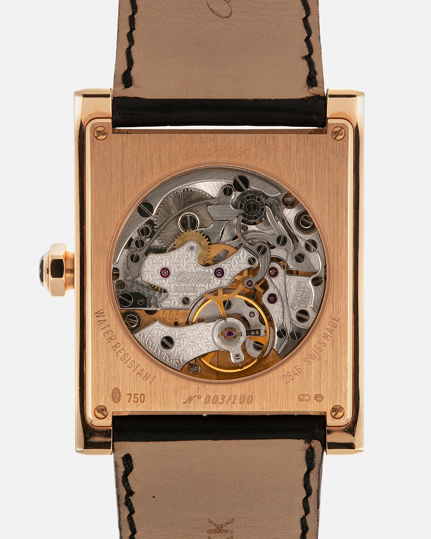 Brand: Cartier
Year: 2000’s
Model: Collection Privée Cartier Paris Tank Monopoussoir
Reference: 2846
Material: 18-carat Rose Gold
Movement: Cartier-THA Cal. 045MC, Manual-Winding
Case Dimensions: 43mm (Including Lugs) x 32 mm
Lug Width: 25mm
Strap: Cartier Black Alligator Leather Strap with Signed 18-carat Rose Gold Deployant Clasp
