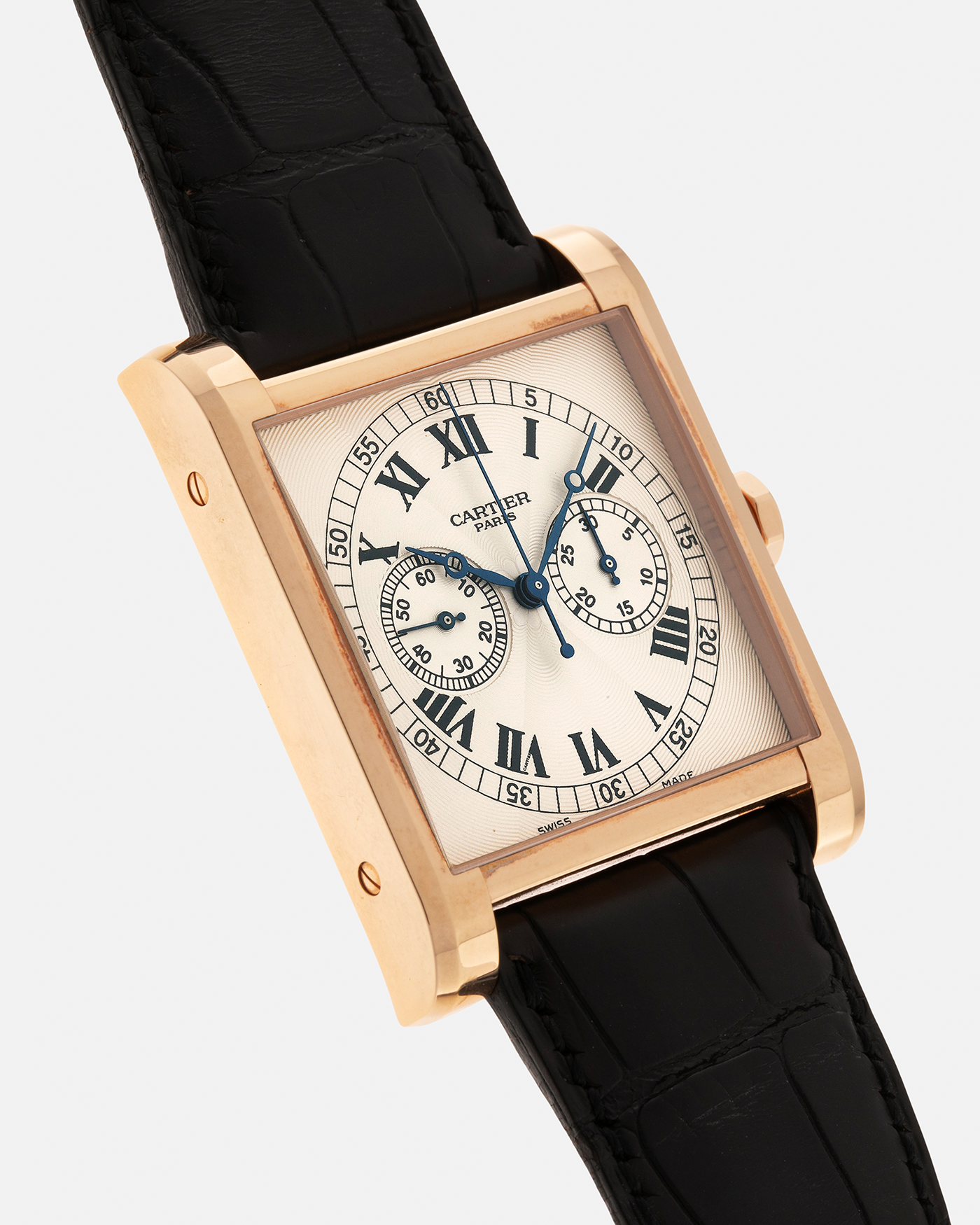 Brand: Cartier
Year: 2000’s
Model: Collection Privée Cartier Paris Tank Monopoussoir
Reference: 2846
Material: 18-carat Rose Gold
Movement: Cartier-THA Cal. 045MC, Manual-Winding
Case Dimensions: 43mm (Including Lugs) x 32 mm
Lug Width: 25mm
Strap: Cartier Black Alligator Leather Strap with Signed 18-carat Rose Gold Deployant Clasp