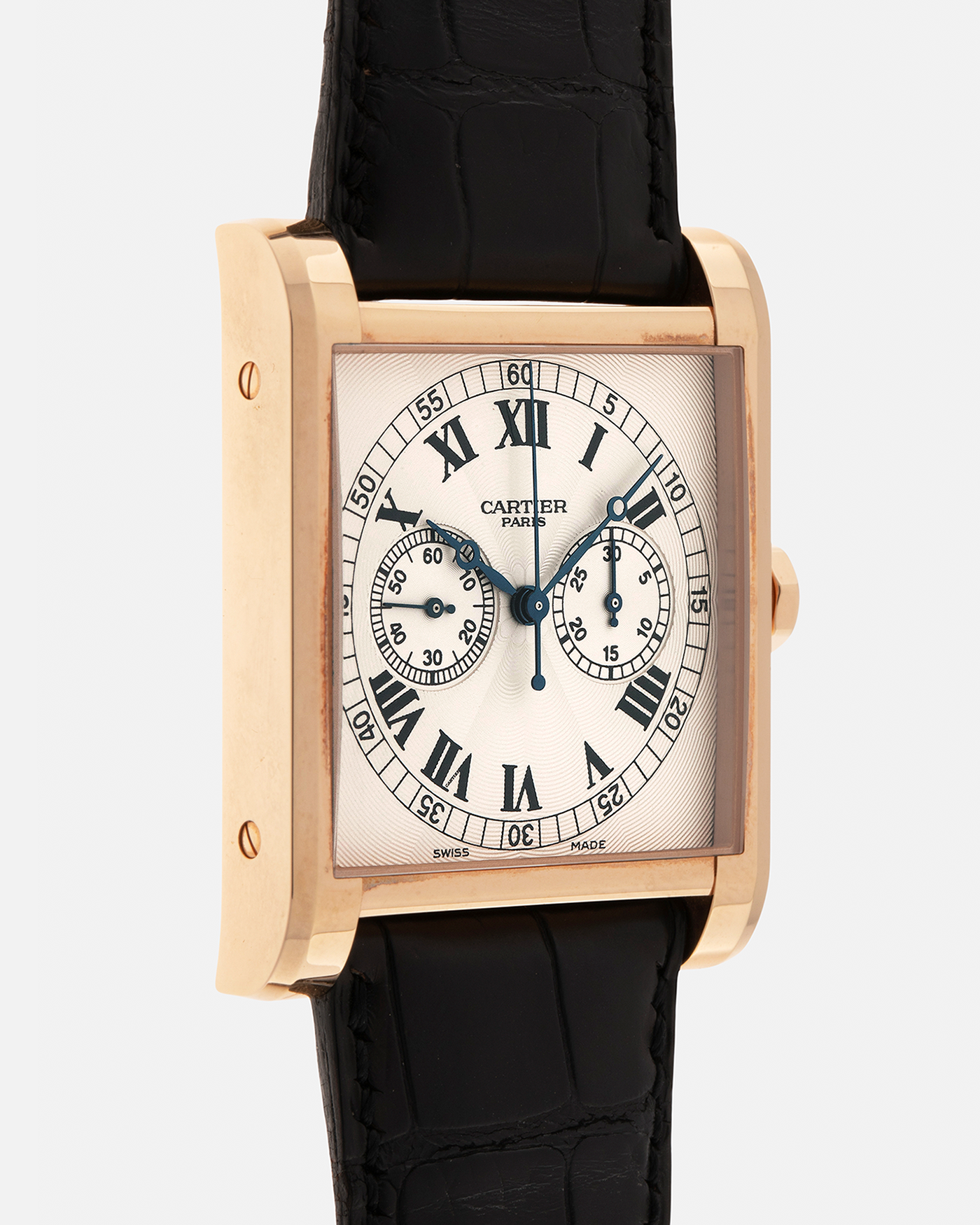 Brand: Cartier
Year: 2000’s
Model: Collection Privée Cartier Paris Tank Monopoussoir
Reference: 2846
Material: 18-carat Rose Gold
Movement: Cartier-THA Cal. 045MC, Manual-Winding
Case Dimensions: 43mm (Including Lugs) x 32 mm
Lug Width: 25mm
Strap: Cartier Black Alligator Leather Strap with Signed 18-carat Rose Gold Deployant Clasp