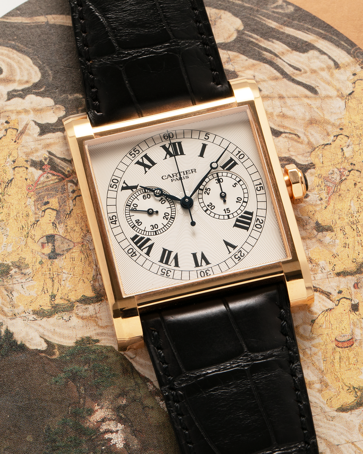 Brand: Cartier
Year: 2000’s
Model: Collection Privée Cartier Paris Tank Monopoussoir
Reference: 2846
Material: 18-carat Rose Gold
Movement: Cartier-THA Cal. 045MC, Manual-Winding
Case Dimensions: 43mm (Including Lugs) x 32 mm
Lug Width: 25mm
Strap: Cartier Black Alligator Leather Strap with Signed 18-carat Rose Gold Deployant Clasp