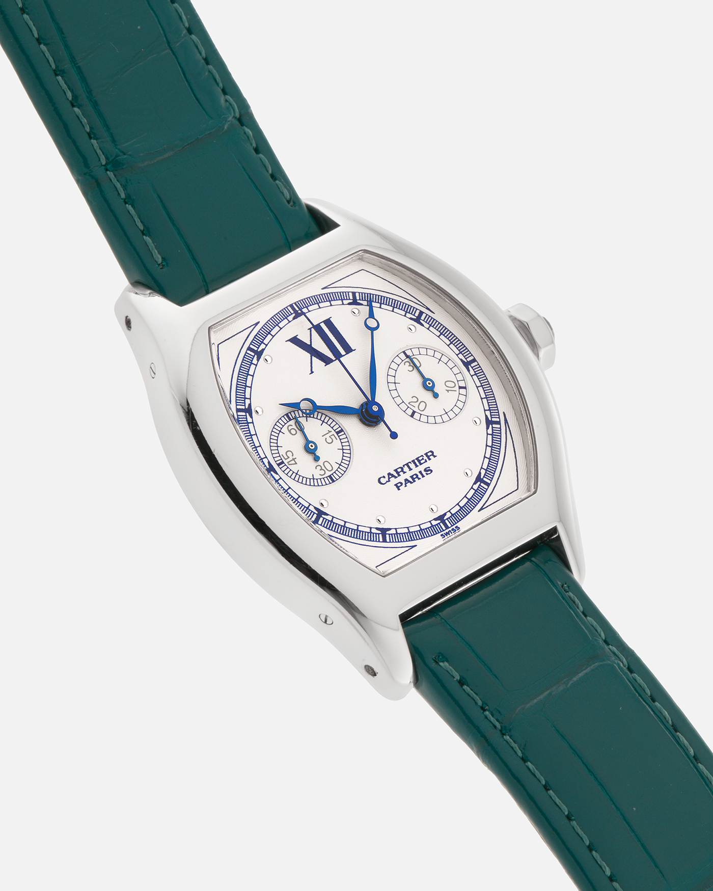 Brand: Cartier
Year: 2000’s
Model: Collection Privée Cartier Paris Tortue Monopoussoir
Reference: 2396
Material: 18k White Gold
Movement: Cartier THA Cal. 045MC, Manual-Winding
Case Diameter: 43mm X 34mm
Lug Width: 18mm
Strap: Cartier Teal Alligator Leather Strap with Cartier 18-carat White Gold Deployant Clasp