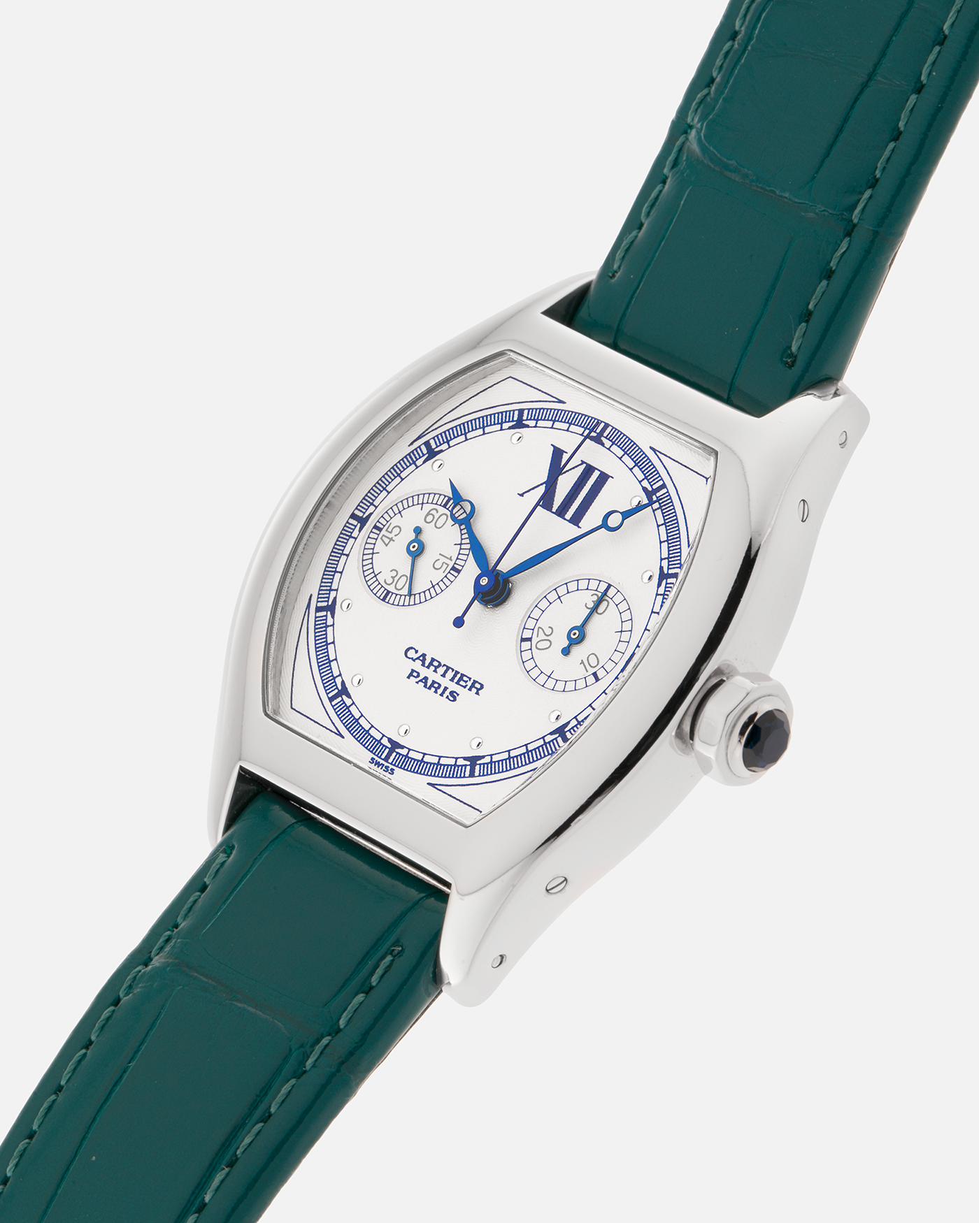 Brand: Cartier
Year: 2000’s
Model: Collection Privée Cartier Paris Tortue Monopoussoir
Reference: 2396
Material: 18k White Gold
Movement: Cartier THA Cal. 045MC, Manual-Winding
Case Diameter: 43mm X 34mm
Lug Width: 18mm
Strap: Cartier Teal Alligator Leather Strap with Cartier 18-carat White Gold Deployant Clasp