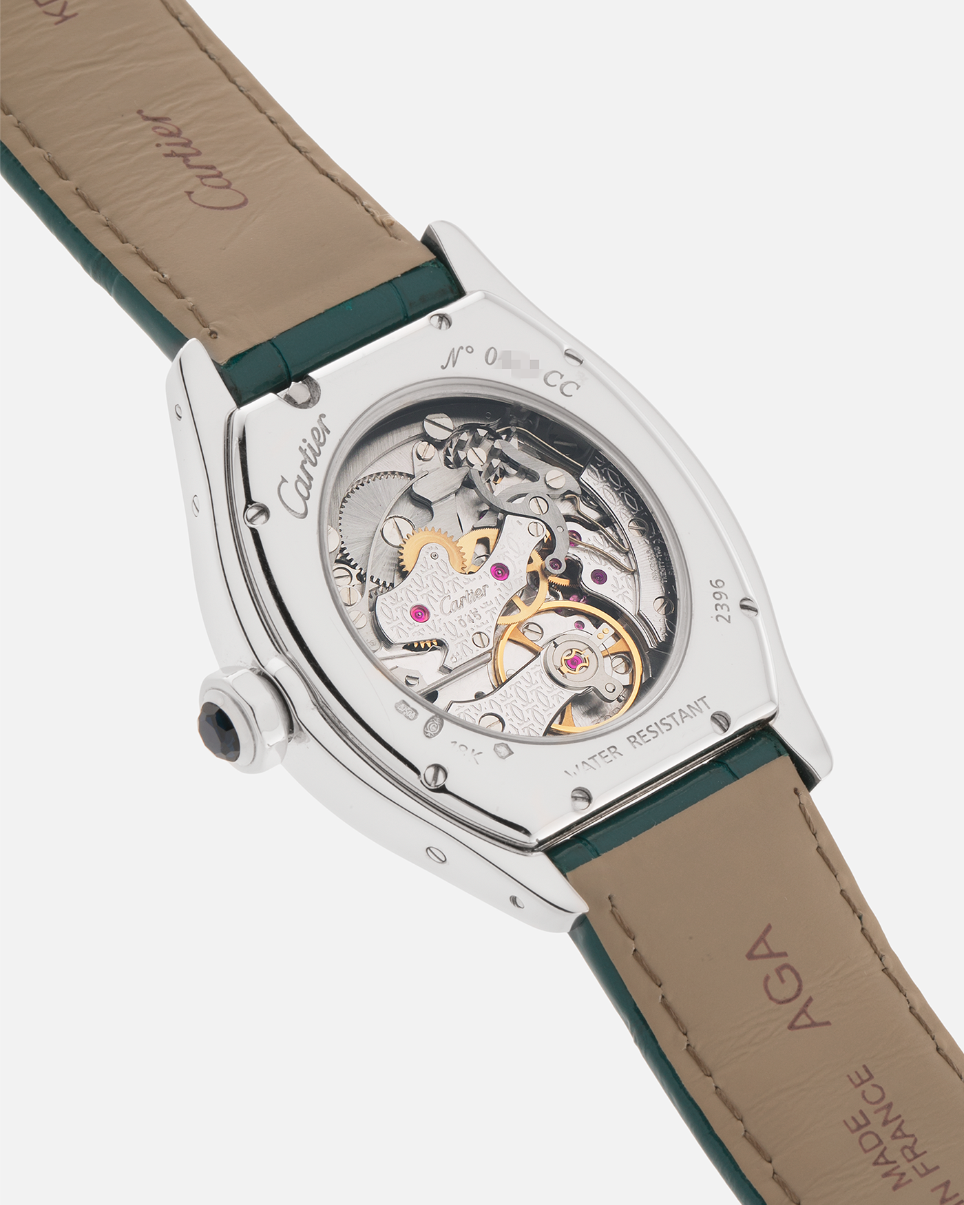 Brand: Cartier
Year: 2000’s
Model: Collection Privée Cartier Paris Tortue Monopoussoir
Reference: 2396
Material: 18k White Gold
Movement: Cartier THA Cal. 045MC, Manual-Winding
Case Diameter: 43mm X 34mm
Lug Width: 18mm
Strap: Cartier Teal Alligator Leather Strap with Cartier 18-carat White Gold Deployant Clasp