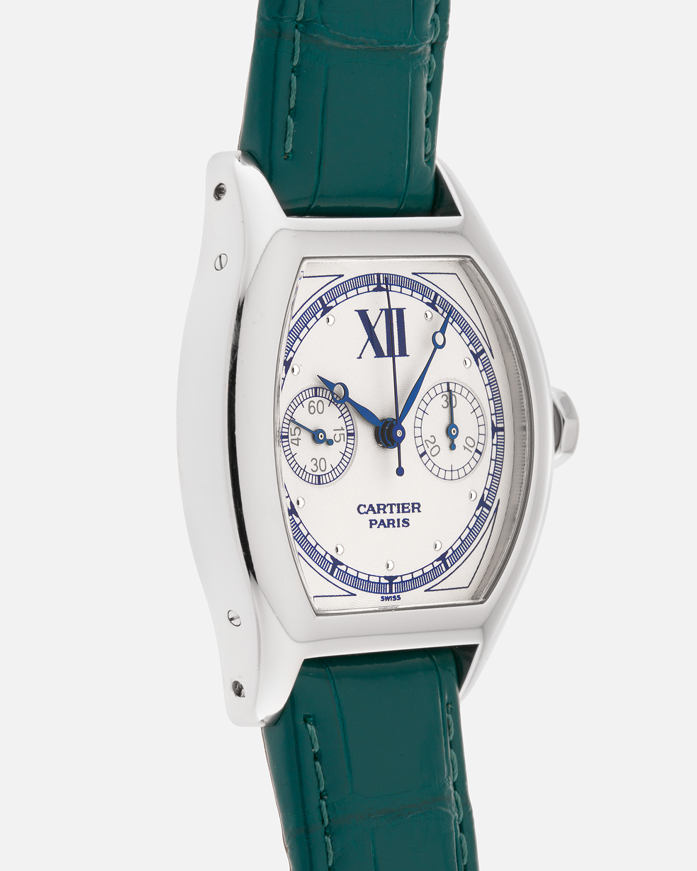 Brand: Cartier
Year: 2000’s
Model: Collection Privée Cartier Paris Tortue Monopoussoir
Reference: 2396
Material: 18k White Gold
Movement: Cartier THA Cal. 045MC, Manual-Winding
Case Diameter: 43mm X 34mm
Lug Width: 18mm
Strap: Cartier Teal Alligator Leather Strap with Cartier 18-carat White Gold Deployant Clasp