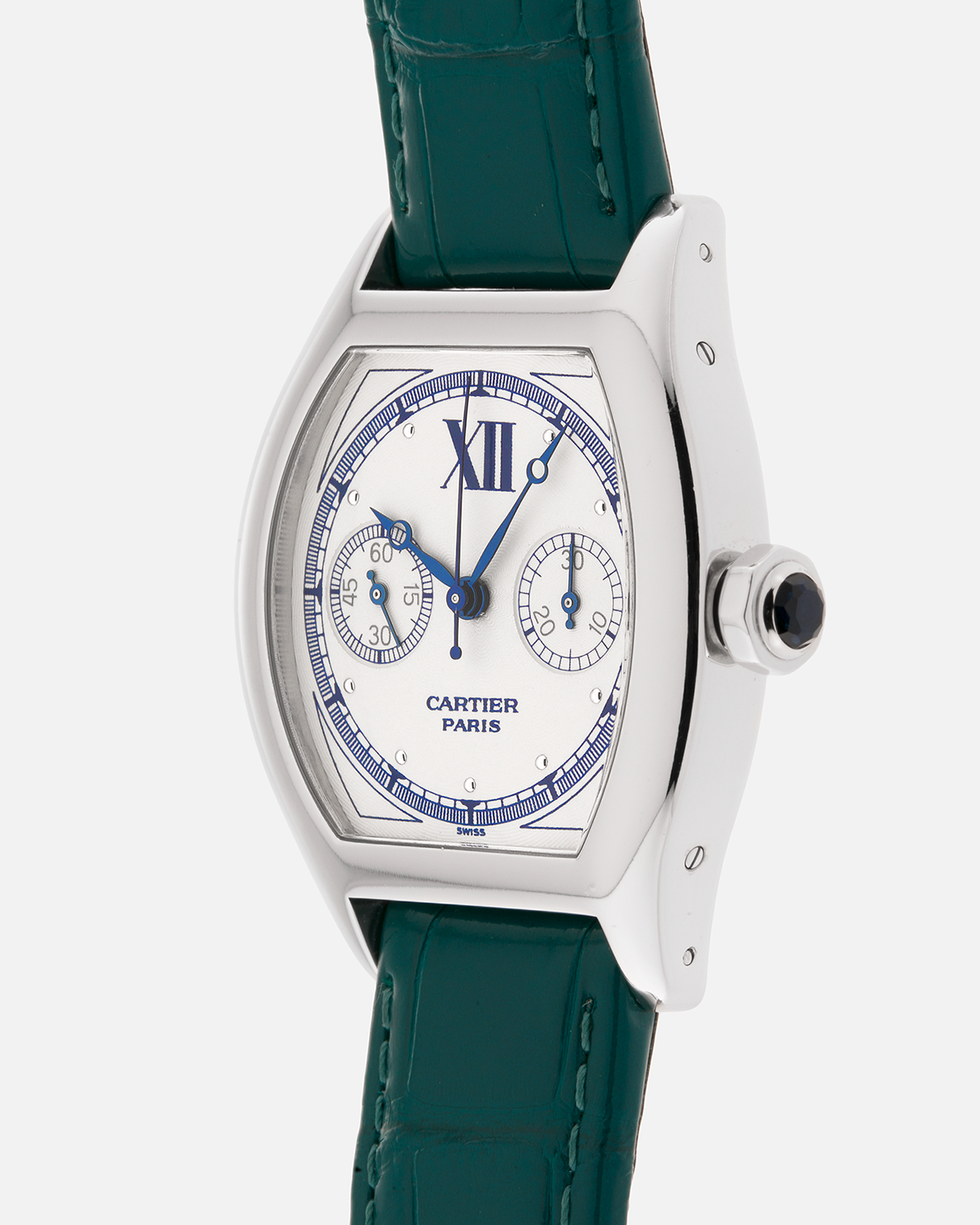 Brand: Cartier
Year: 2000’s
Model: Collection Privée Cartier Paris Tortue Monopoussoir
Reference: 2396
Material: 18k White Gold
Movement: Cartier THA Cal. 045MC, Manual-Winding
Case Diameter: 43mm X 34mm
Lug Width: 18mm
Strap: Cartier Teal Alligator Leather Strap with Cartier 18-carat White Gold Deployant Clasp