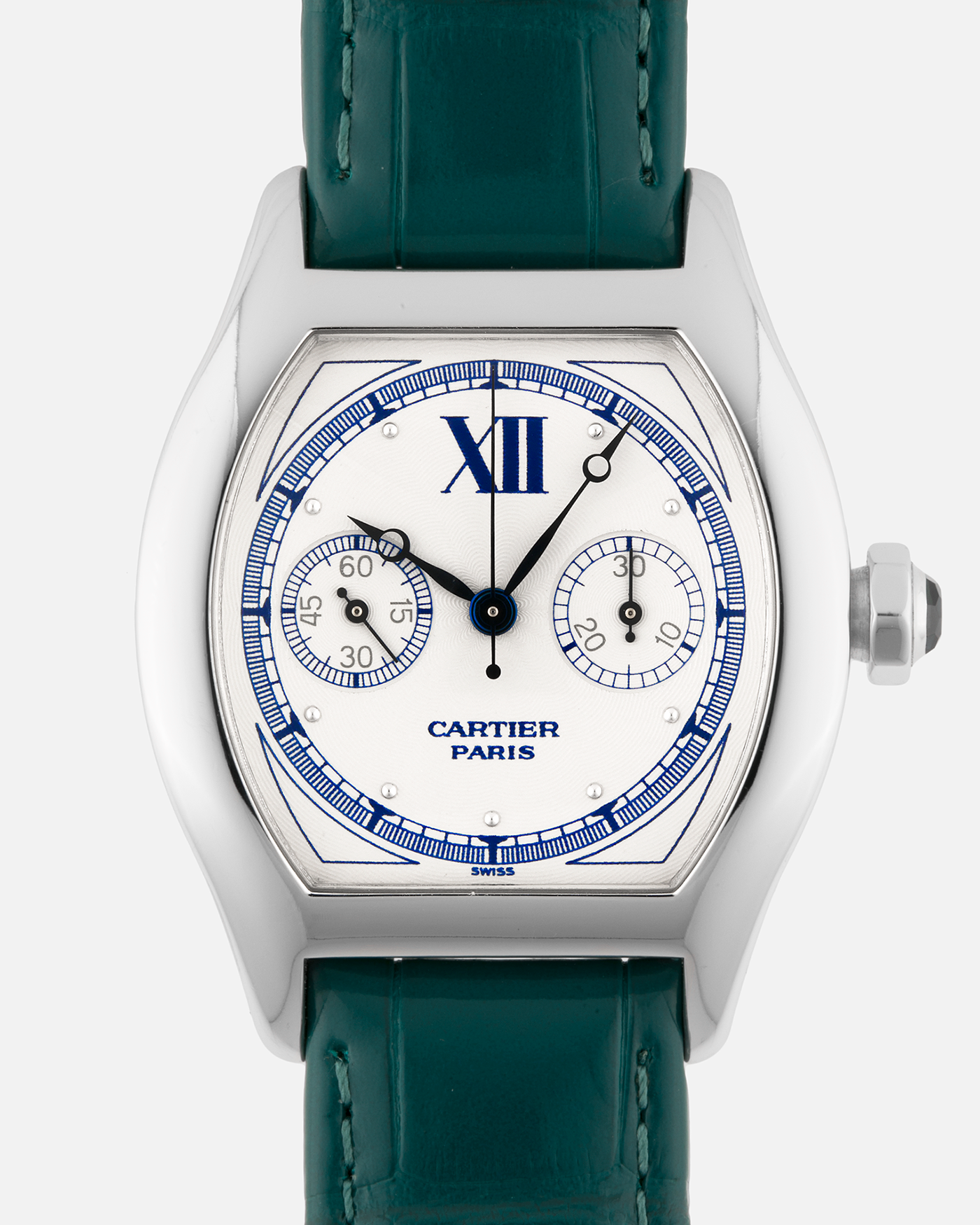 Brand: Cartier
Year: 2000’s
Model: Collection Privée Cartier Paris Tortue Monopoussoir
Reference: 2396
Material: 18k White Gold
Movement: Cartier THA Cal. 045MC, Manual-Winding
Case Diameter: 43mm X 34mm
Lug Width: 18mm
Strap: Cartier Teal Alligator Leather Strap with Cartier 18-carat White Gold Deployant Clasp