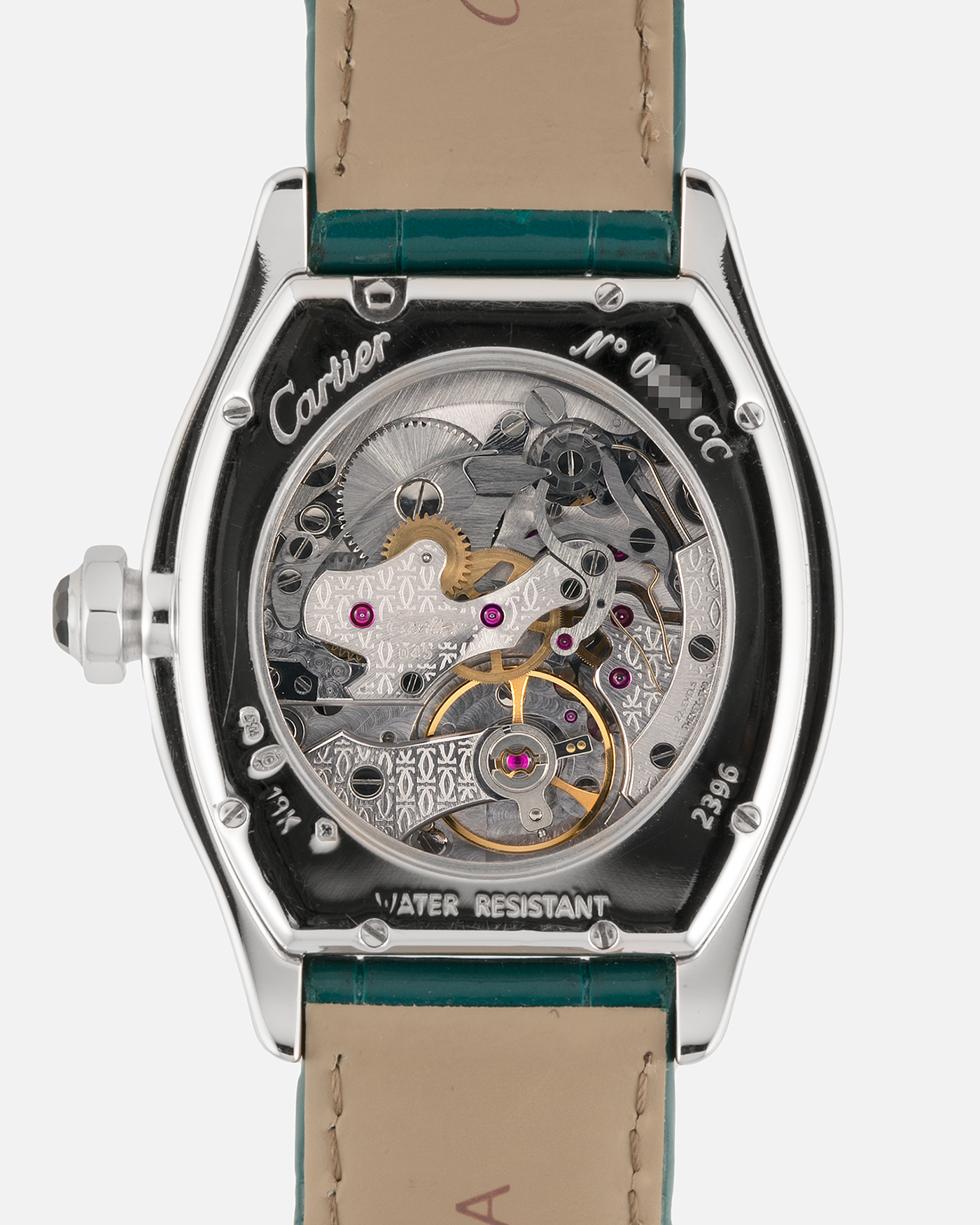 Brand: Cartier
Year: 2000’s
Model: Collection Privée Cartier Paris Tortue Monopoussoir
Reference: 2396
Material: 18k White Gold
Movement: Cartier THA Cal. 045MC, Manual-Winding
Case Diameter: 43mm X 34mm
Lug Width: 18mm
Strap: Cartier Teal Alligator Leather Strap with Cartier 18-carat White Gold Deployant Clasp